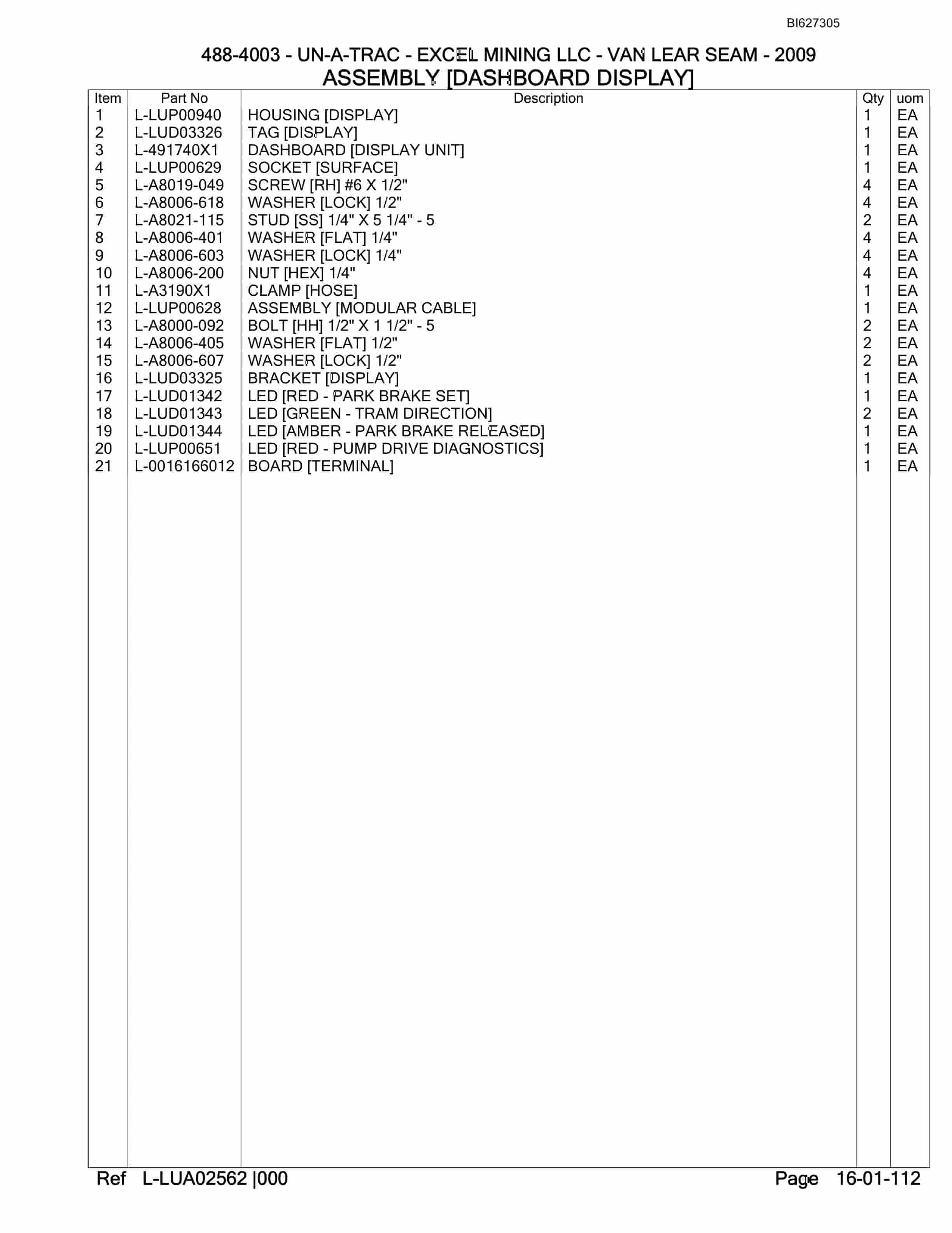 Bucyrus 488-4003 UN-A-TRAC Spare Parts List BI627305-2
