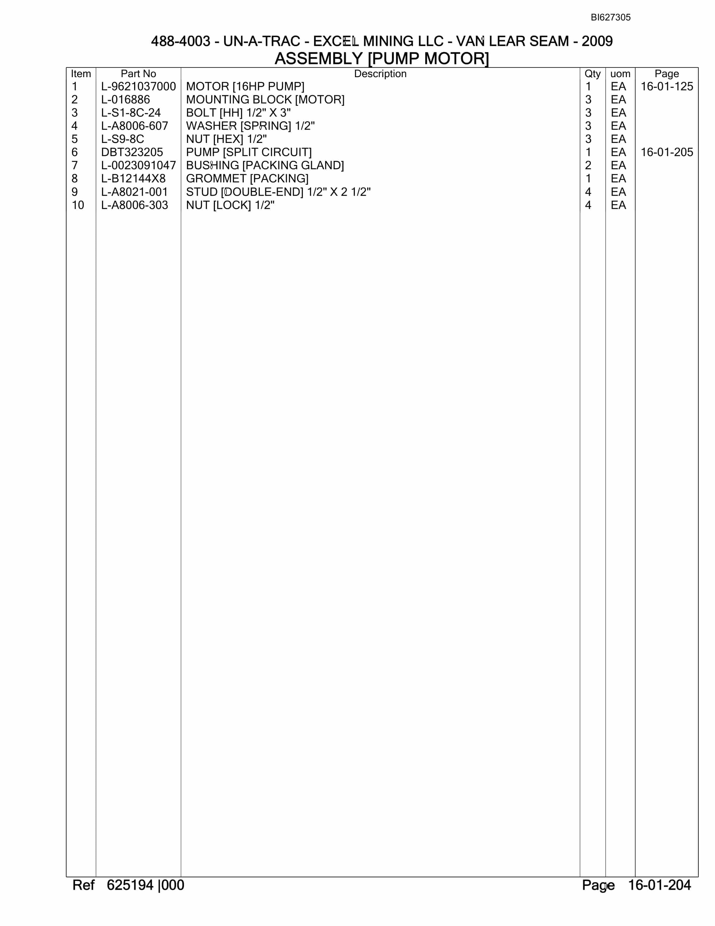 Bucyrus 488-4003 UN-A-TRAC Spare Parts List BI627305-3