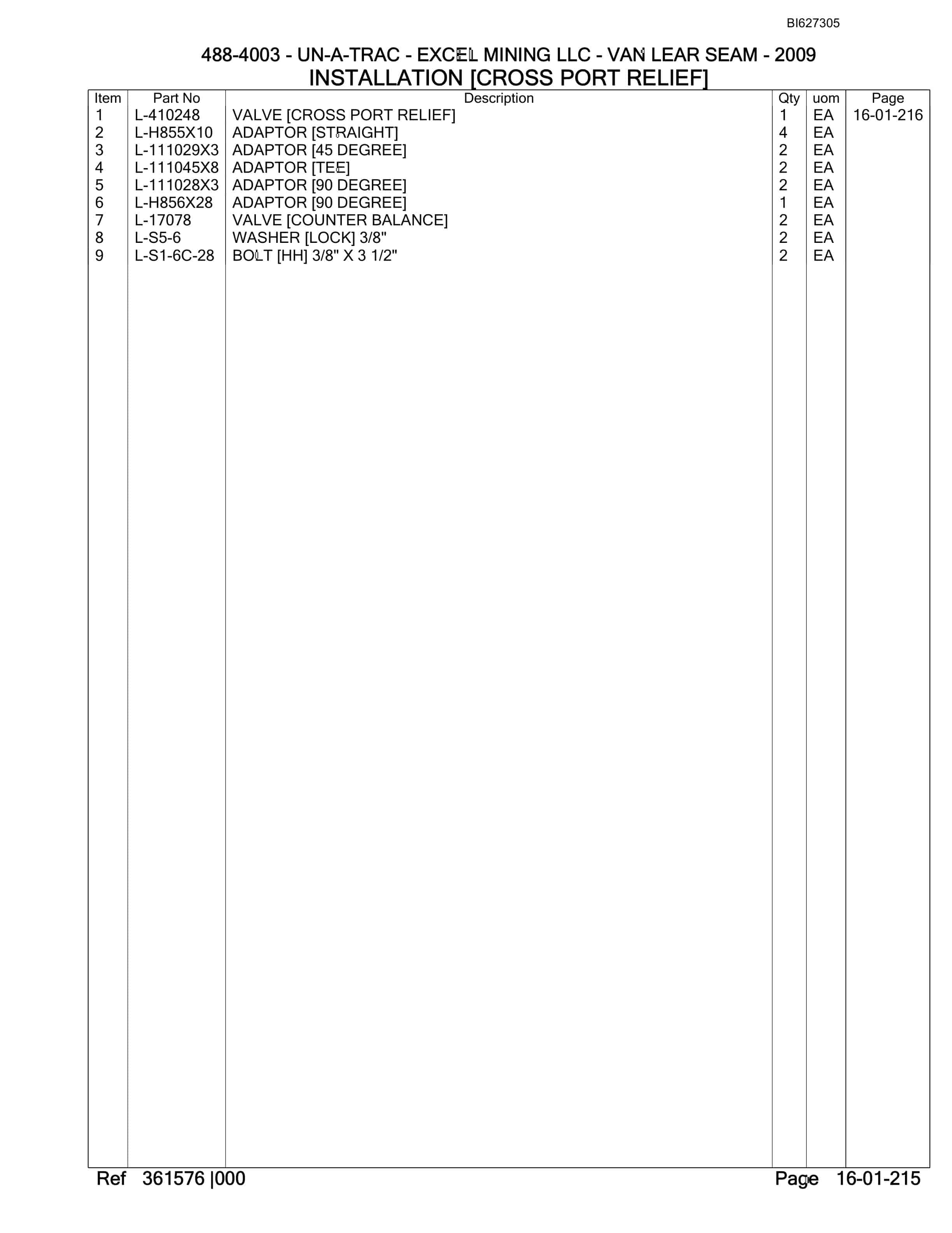 Bucyrus 488-4003 UN-A-TRAC Spare Parts List BI627305-4