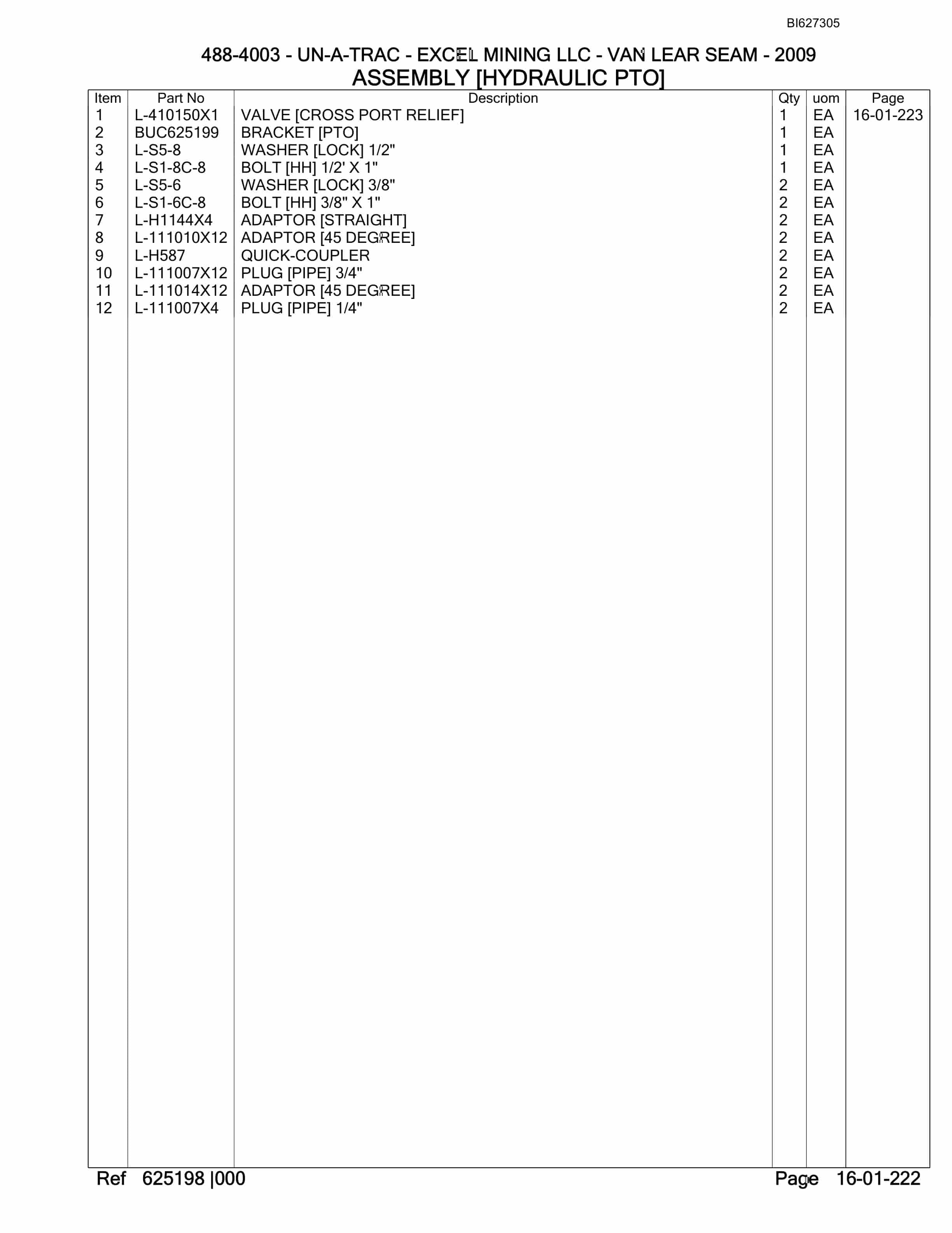 Bucyrus 488-4003 UN-A-TRAC Spare Parts List BI627305-5