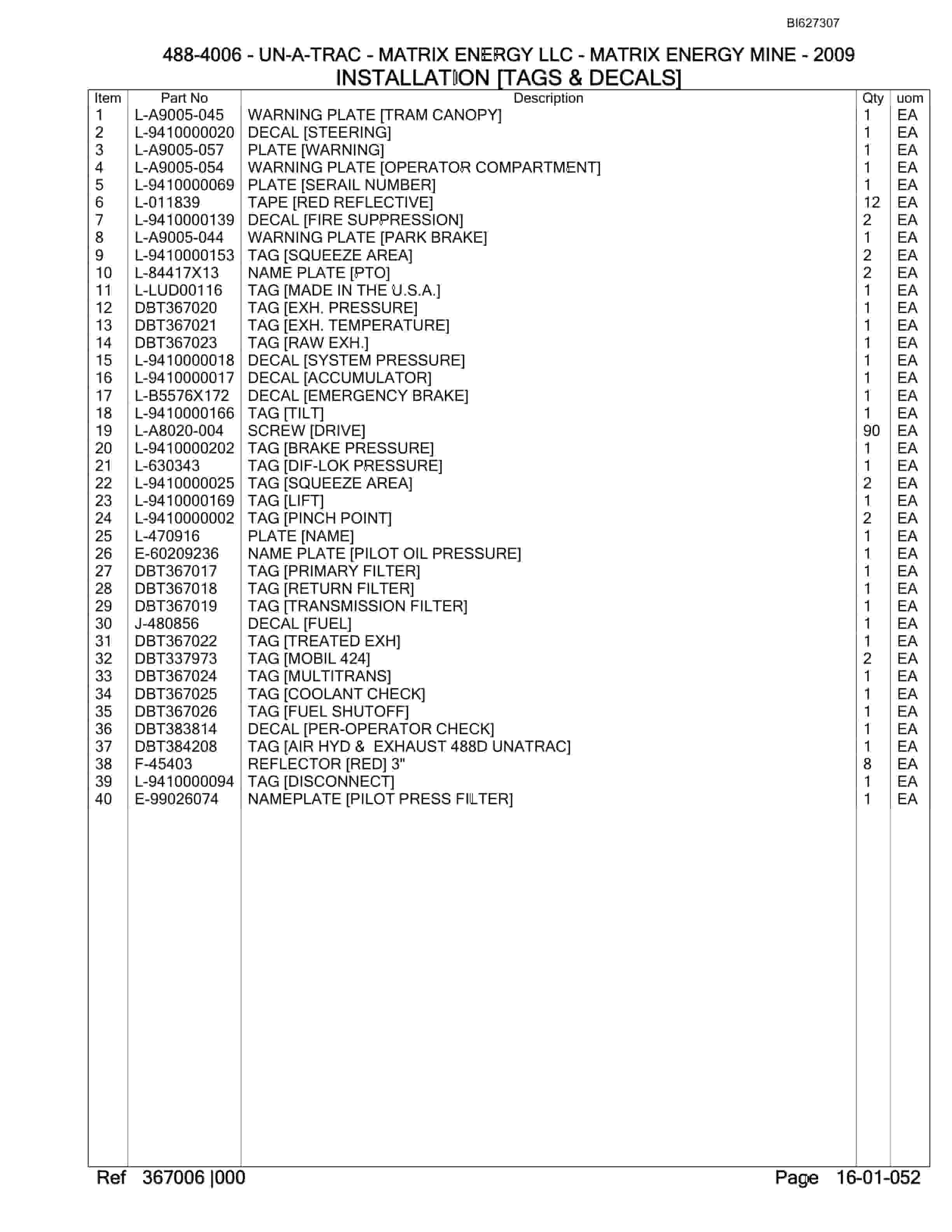 Bucyrus 488-4006 UN-A-TRAC Spare Parts List BI627307-2