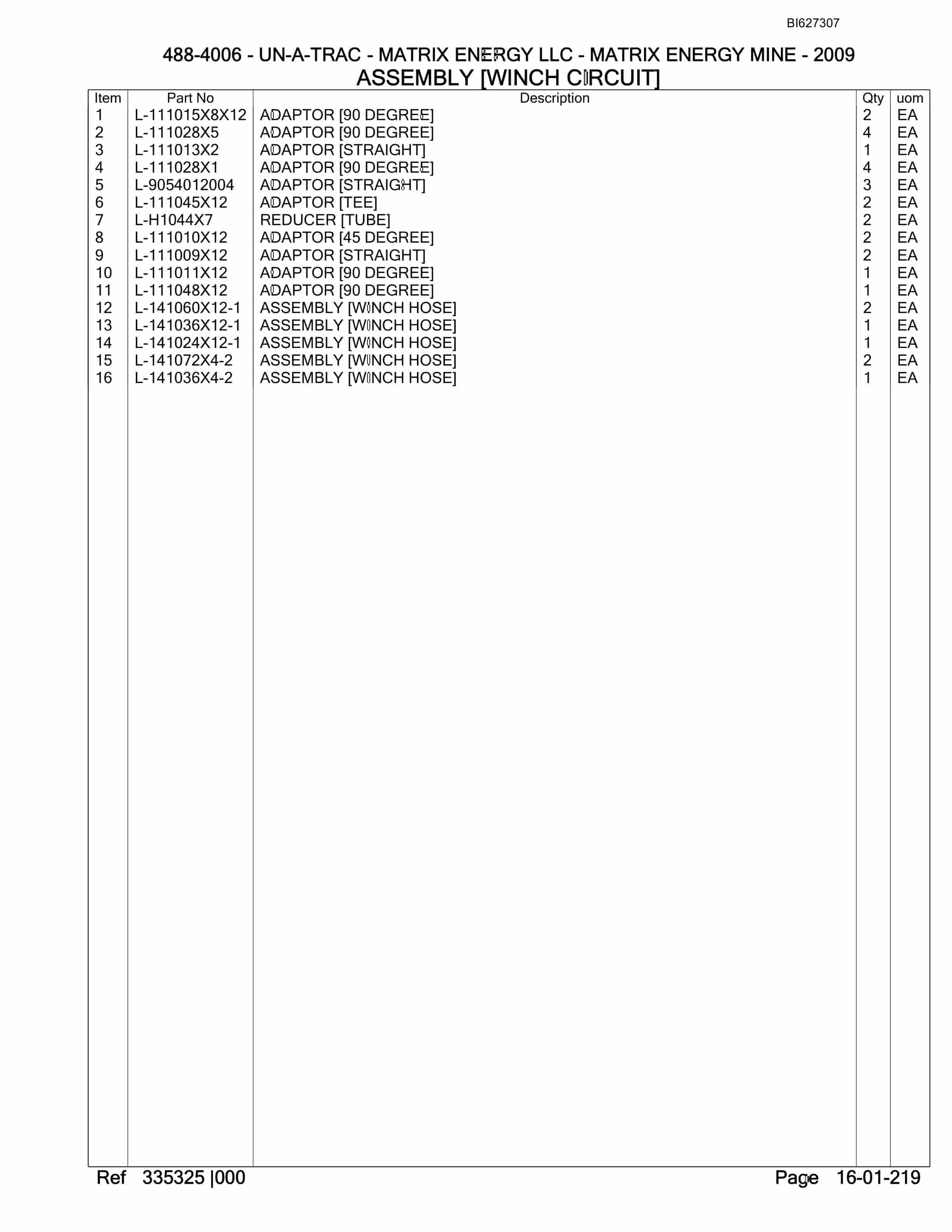 Bucyrus 488-4006 UN-A-TRAC Spare Parts List BI627307-5
