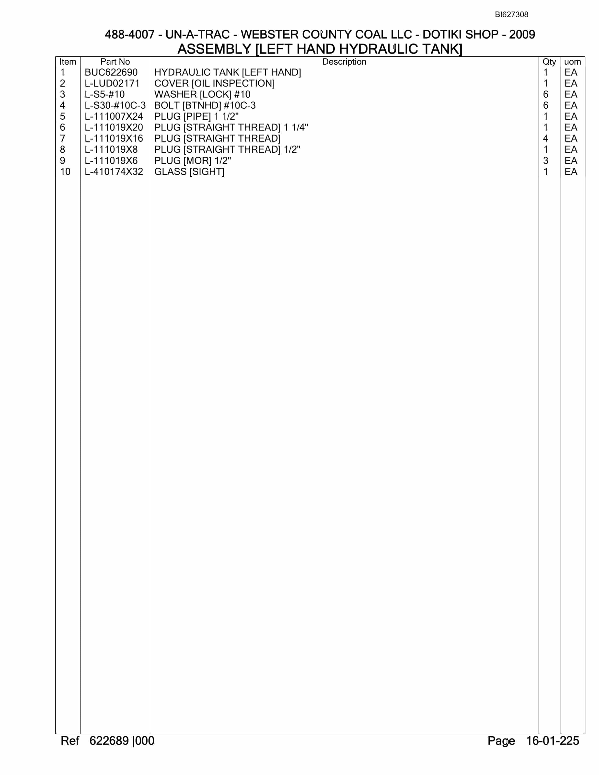 Bucyrus 488-4007 UN-A-TRAC Spare Parts List BI627308-4