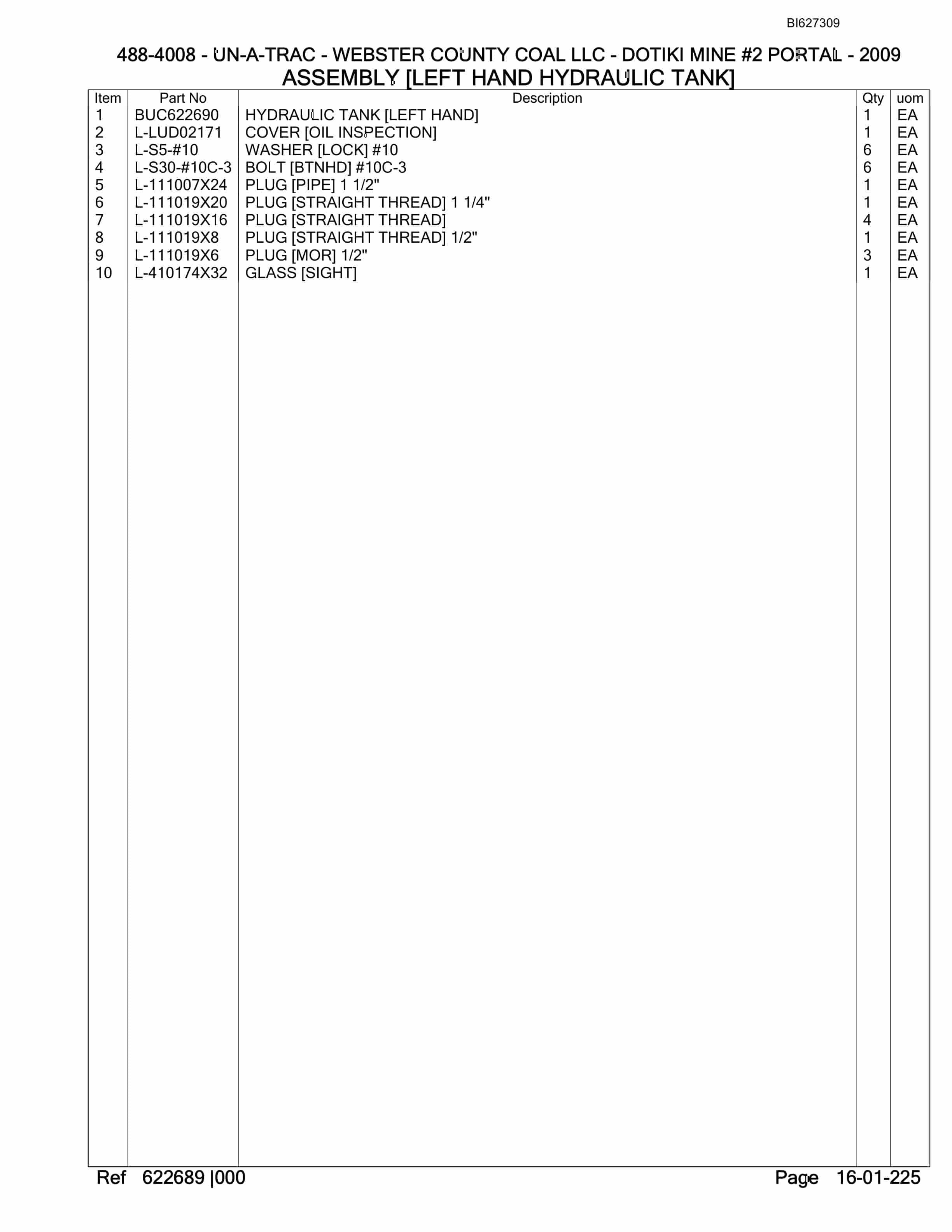 Bucyrus 488-4008 UN-A-TRAC Spare Parts List BI627309-4