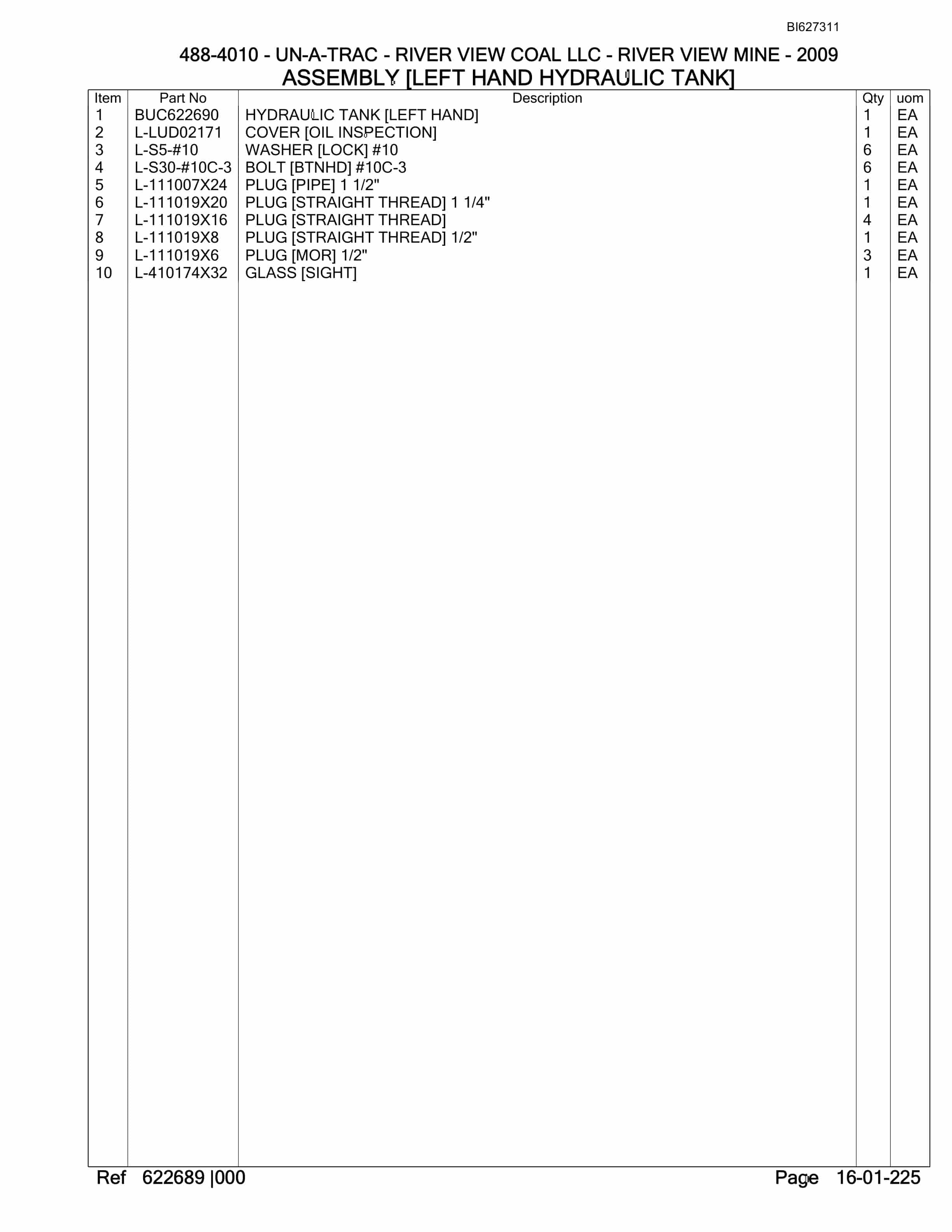 Bucyrus 488-4010 UN-A-TRAC Spare Parts List BI627311-4