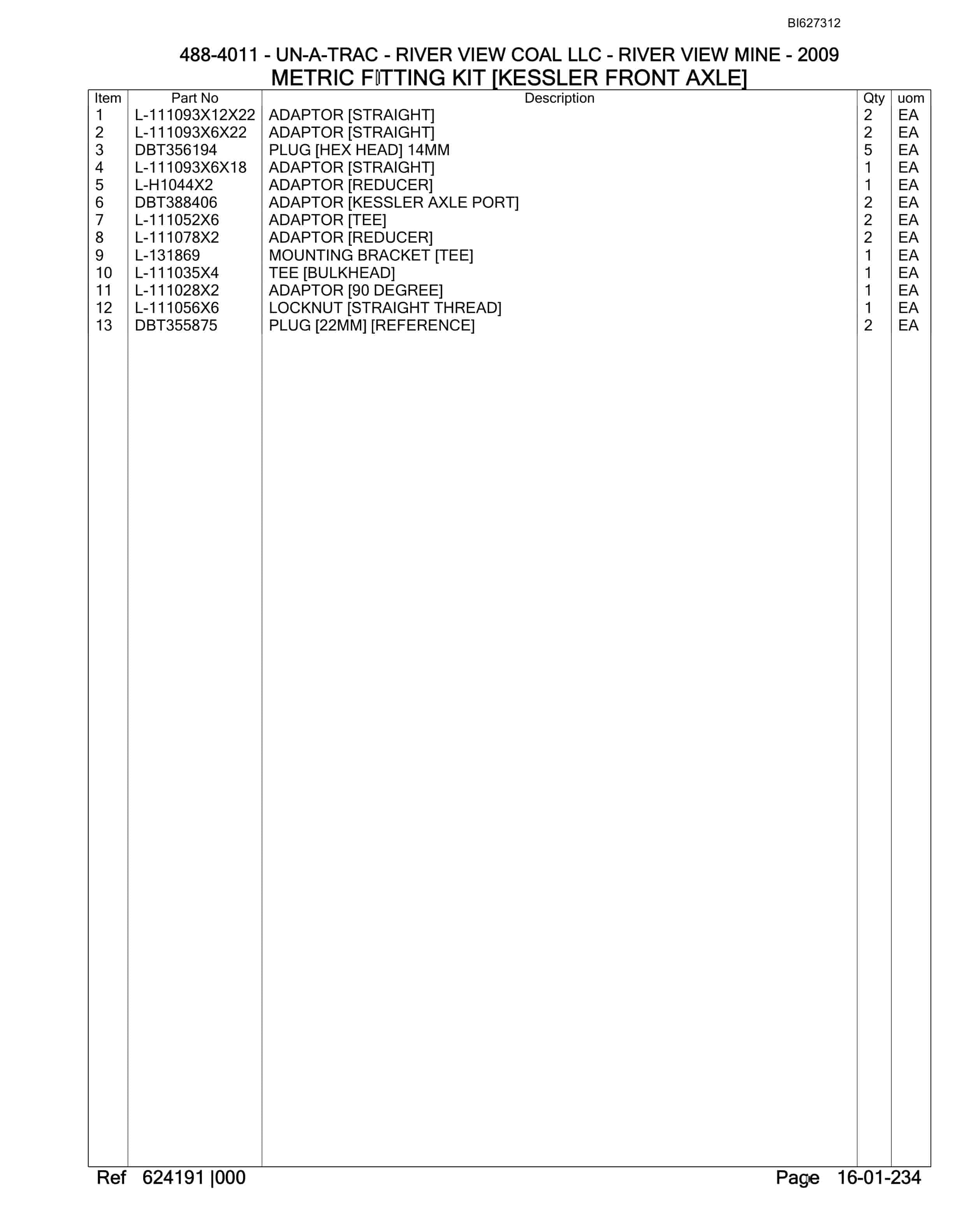 Bucyrus 488-4011 UN-A-TRAC Spare Parts List BI627312-5
