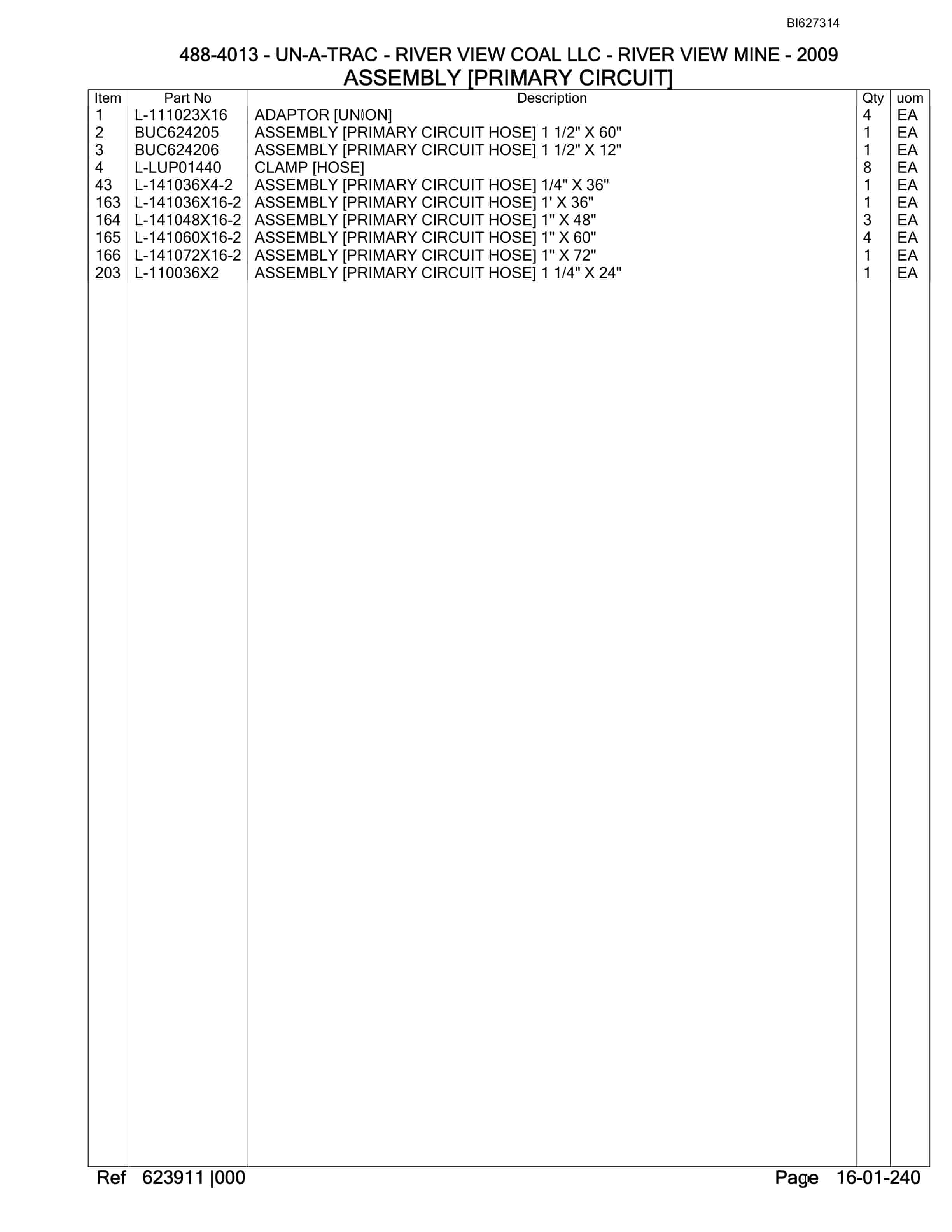 Bucyrus 488-4013 UN-A-TRAC Spare Parts List BI627314-5