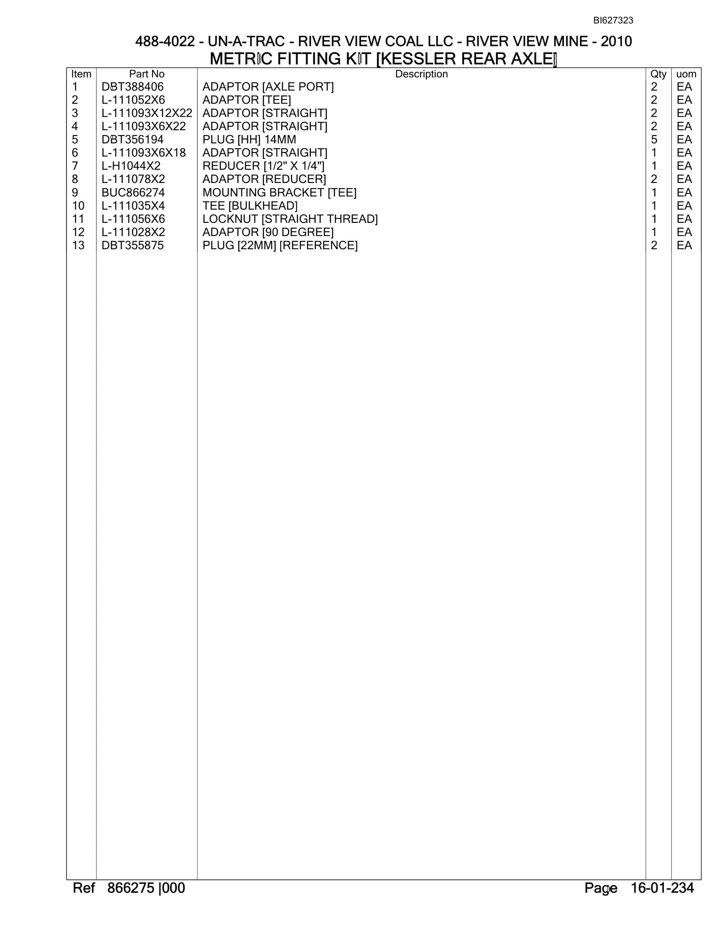 Bucyrus 488-4022 UN-A-TRAC Spare Parts List BI627323-5