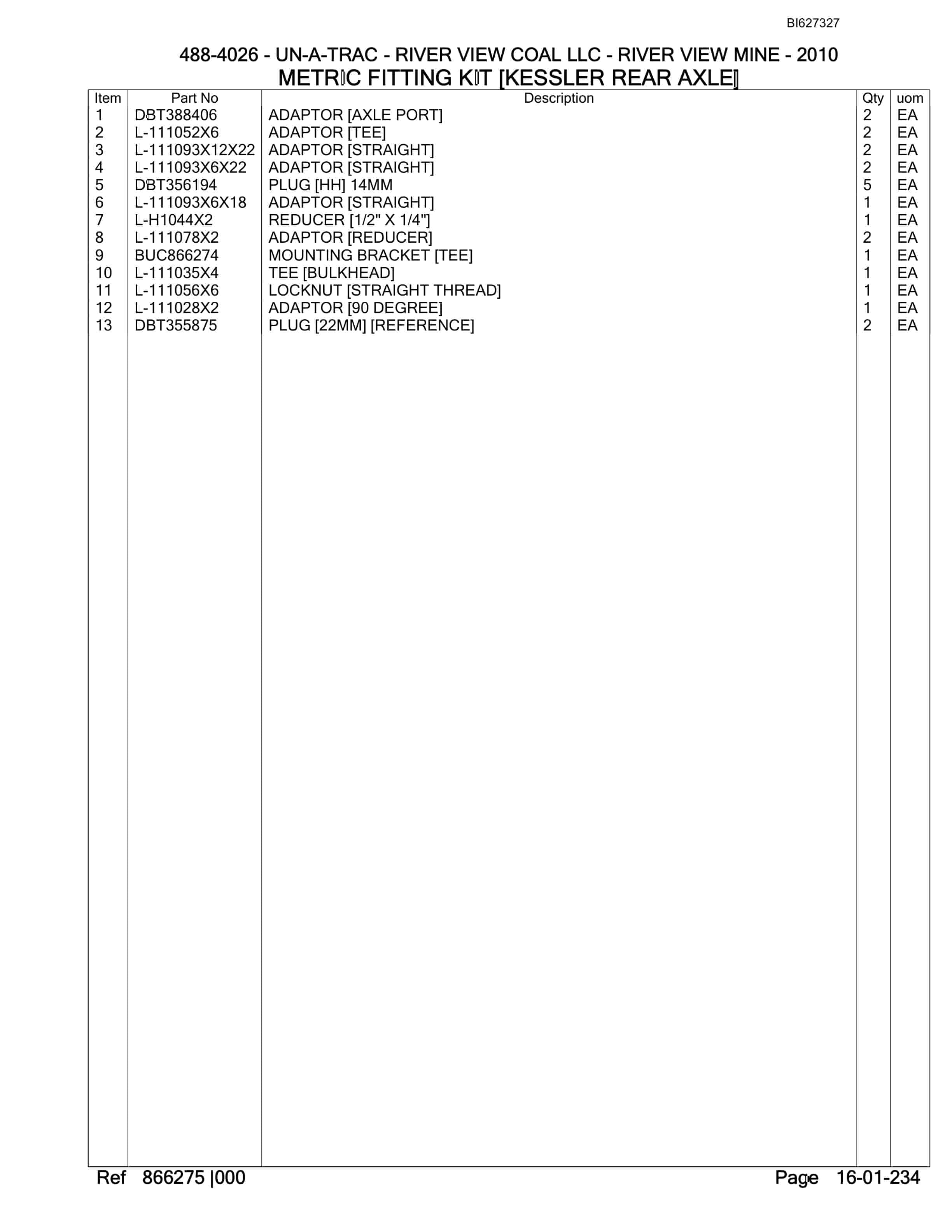 Bucyrus 488-4026 UN-A-TRAC Spare Parts List BI627327-5