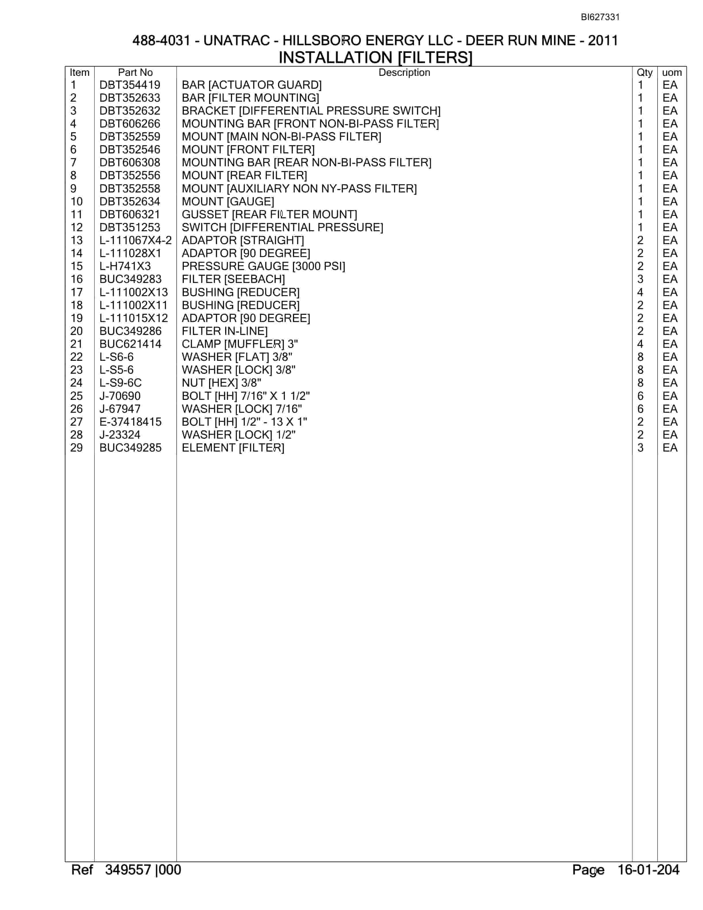 Bucyrus 488-4031 UN-A-TRAC Spare Parts List BI627331-4