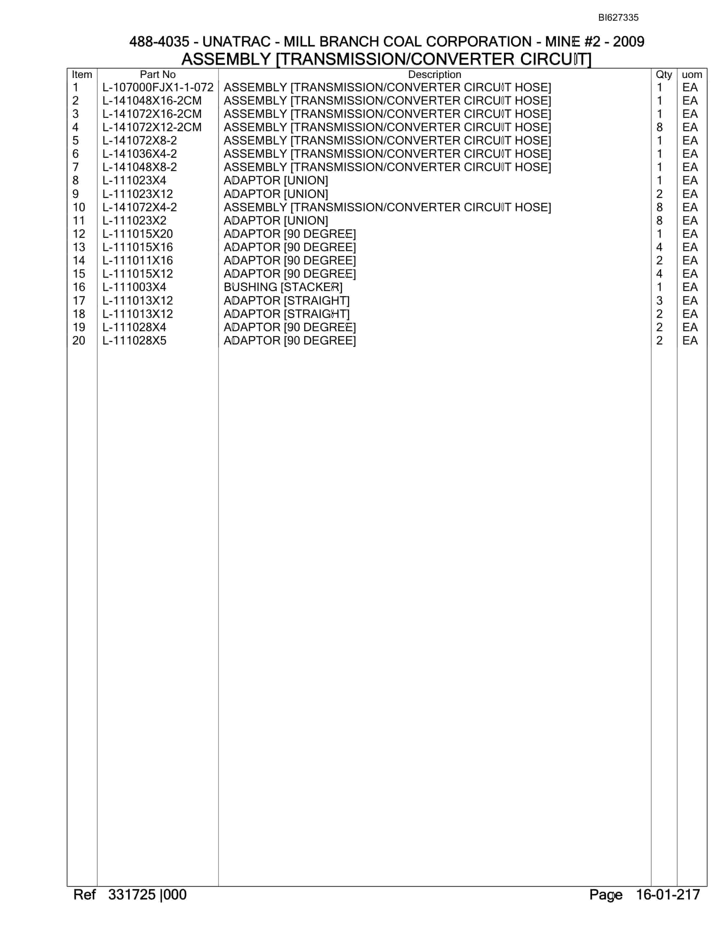 Bucyrus 488-4035 UN-A-TRAC Spare Parts List BI627335-5