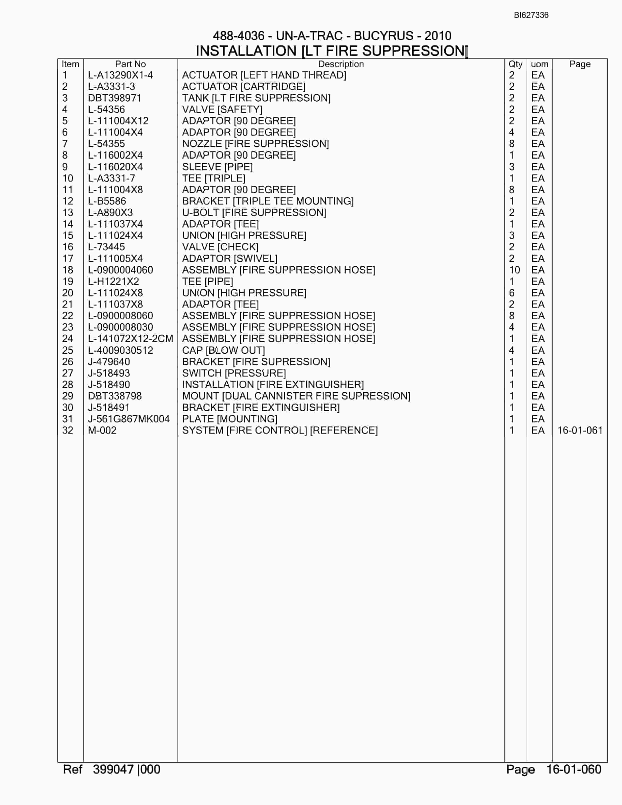Bucyrus 488-4036 UN-A-TRAC Spare Parts List BI627336-2