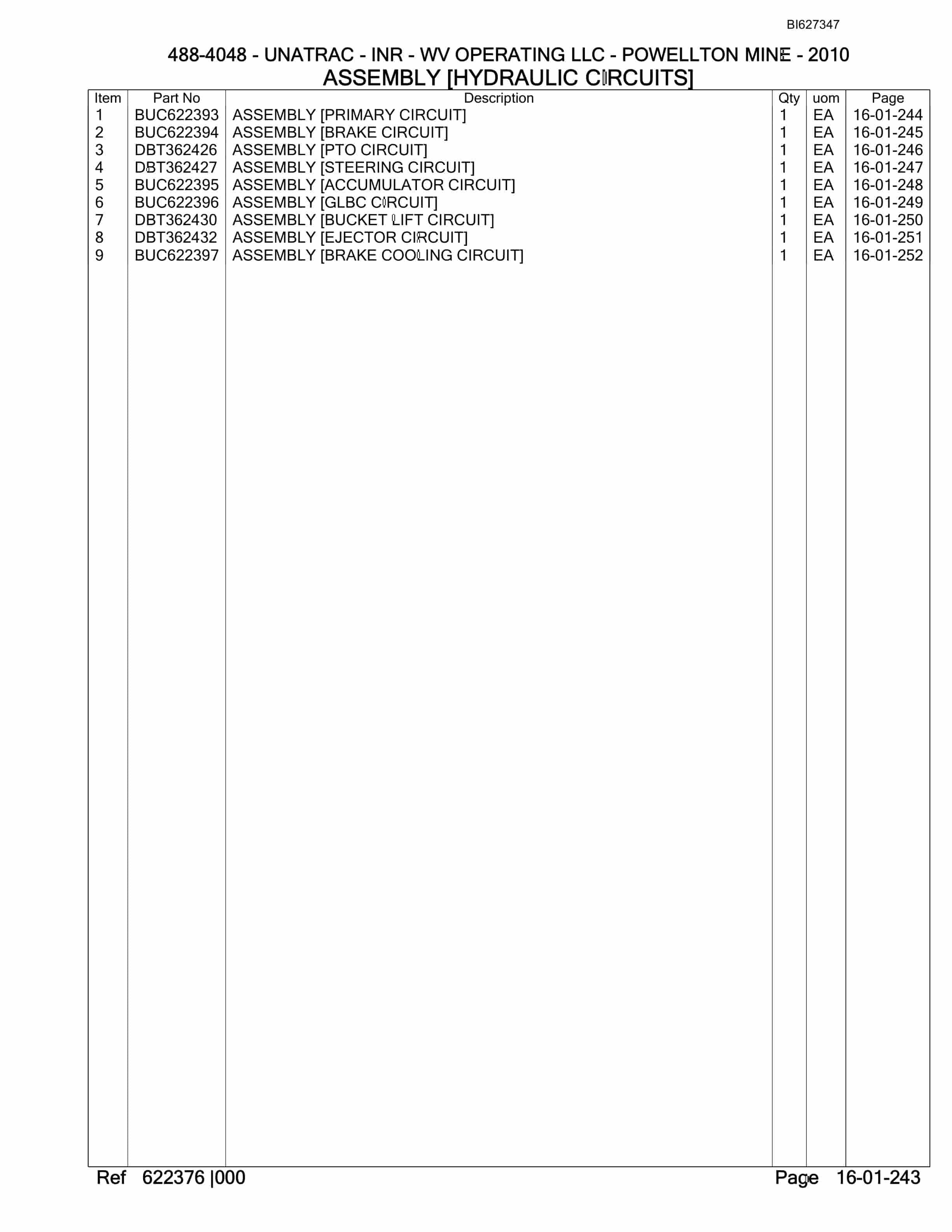 Bucyrus 488-4048 UN-A-TRAC Spare Parts List BI627347-5