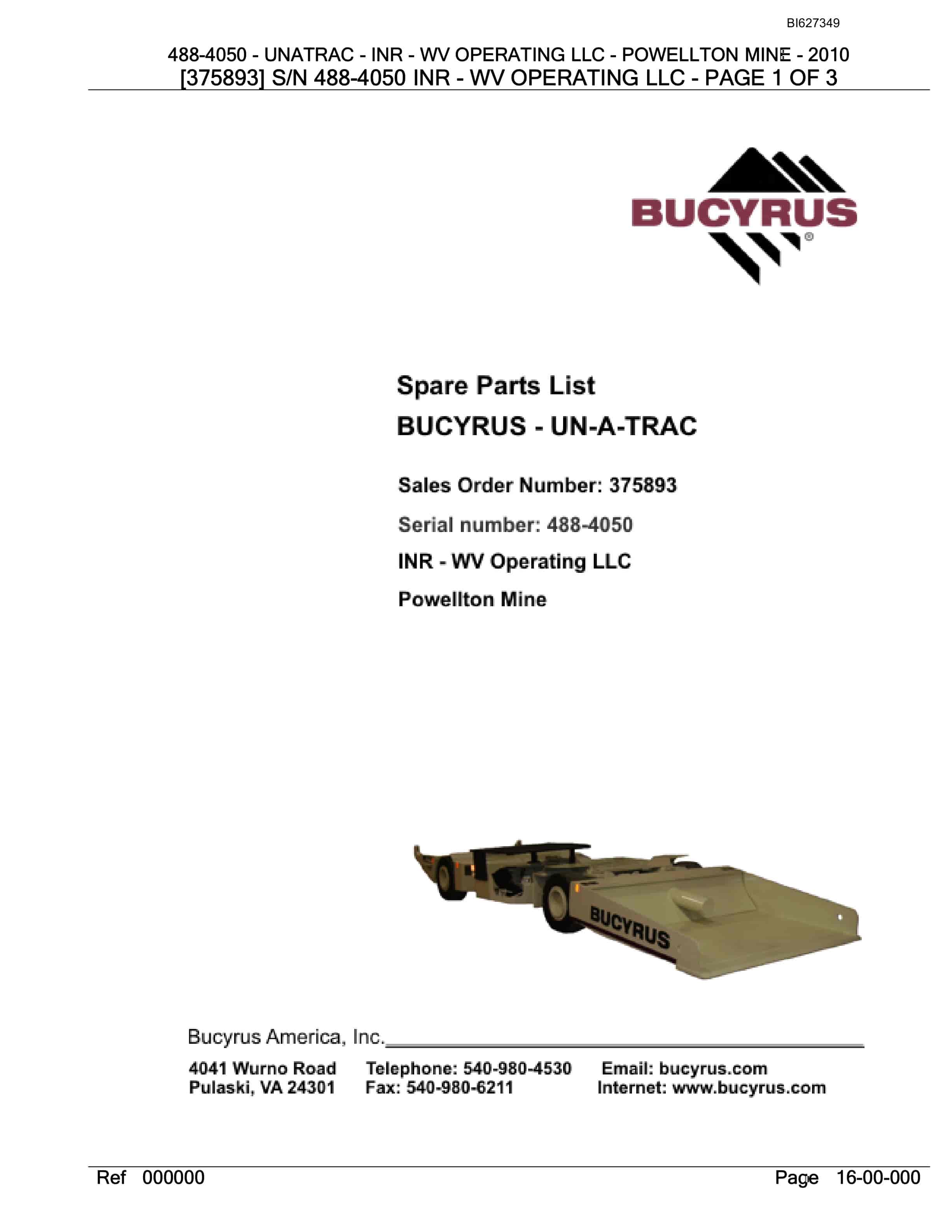 Bucyrus 488-4050 UN-A-TRAC Spare Parts List BI627349