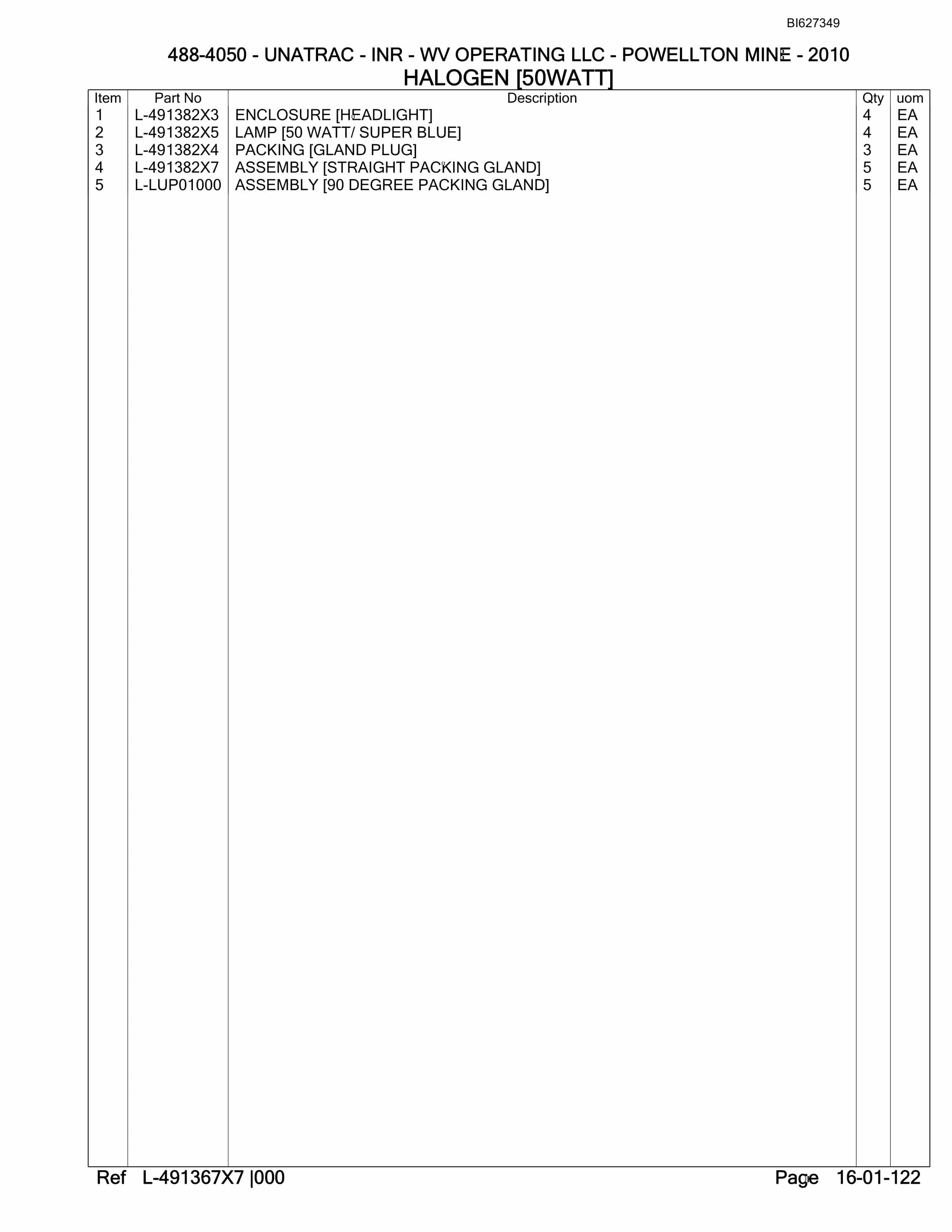 Bucyrus 488-4050 UN-A-TRAC Spare Parts List BI627349-2