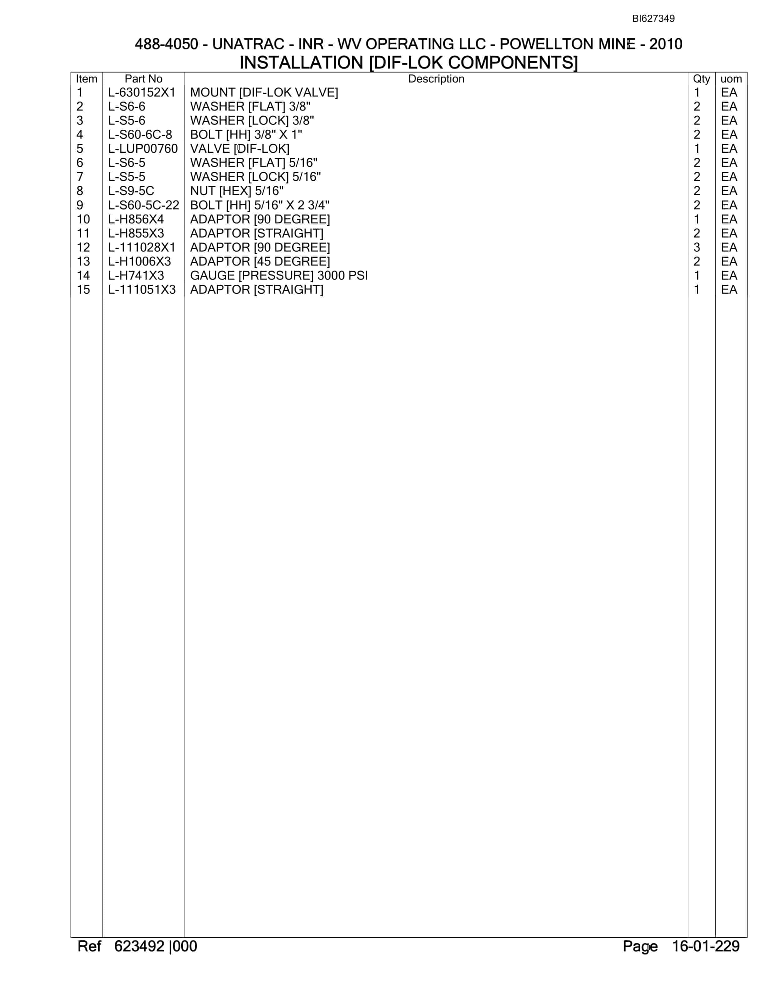 Bucyrus 488-4050 UN-A-TRAC Spare Parts List BI627349-5