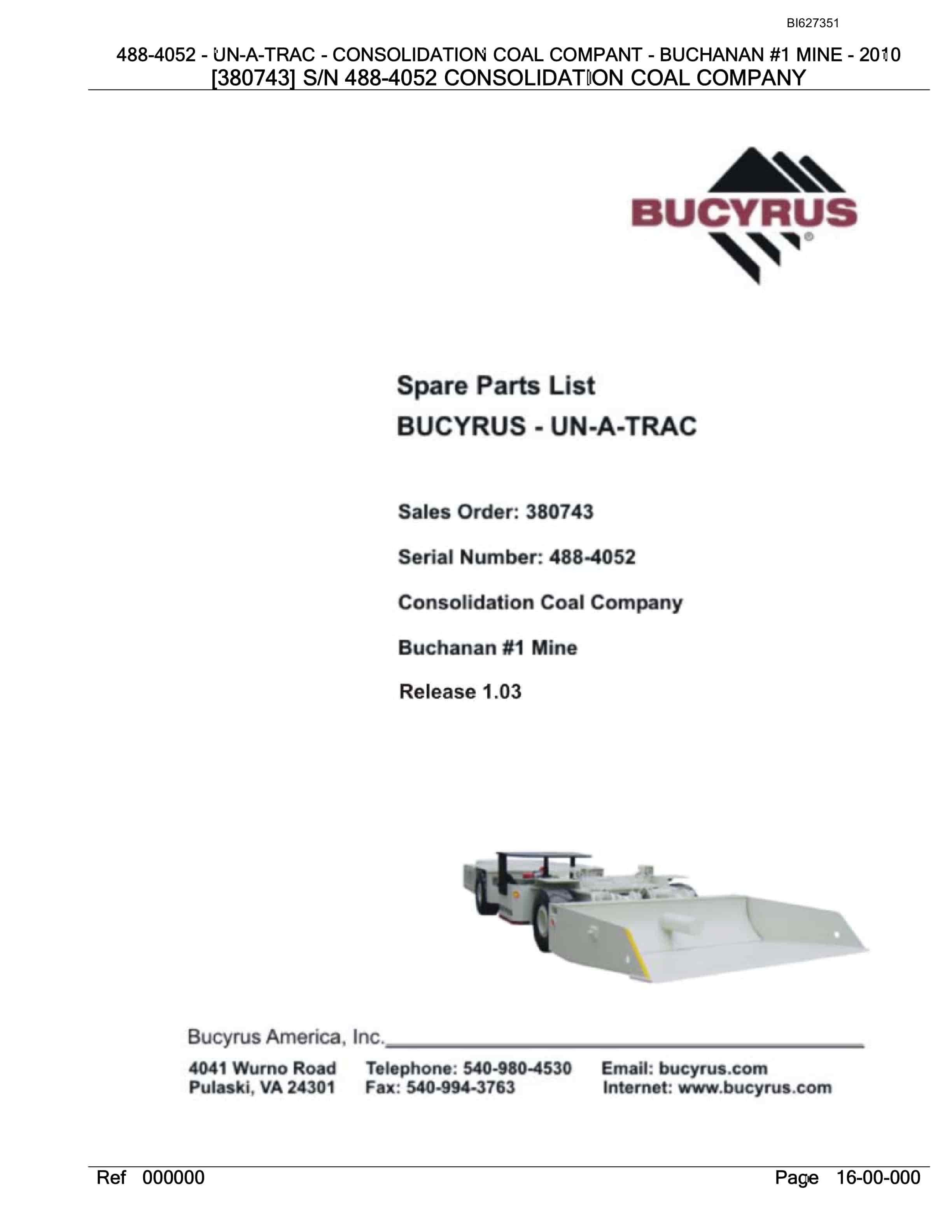 Bucyrus 488-4052 UN-A-TRAC Spare Parts List BI627351