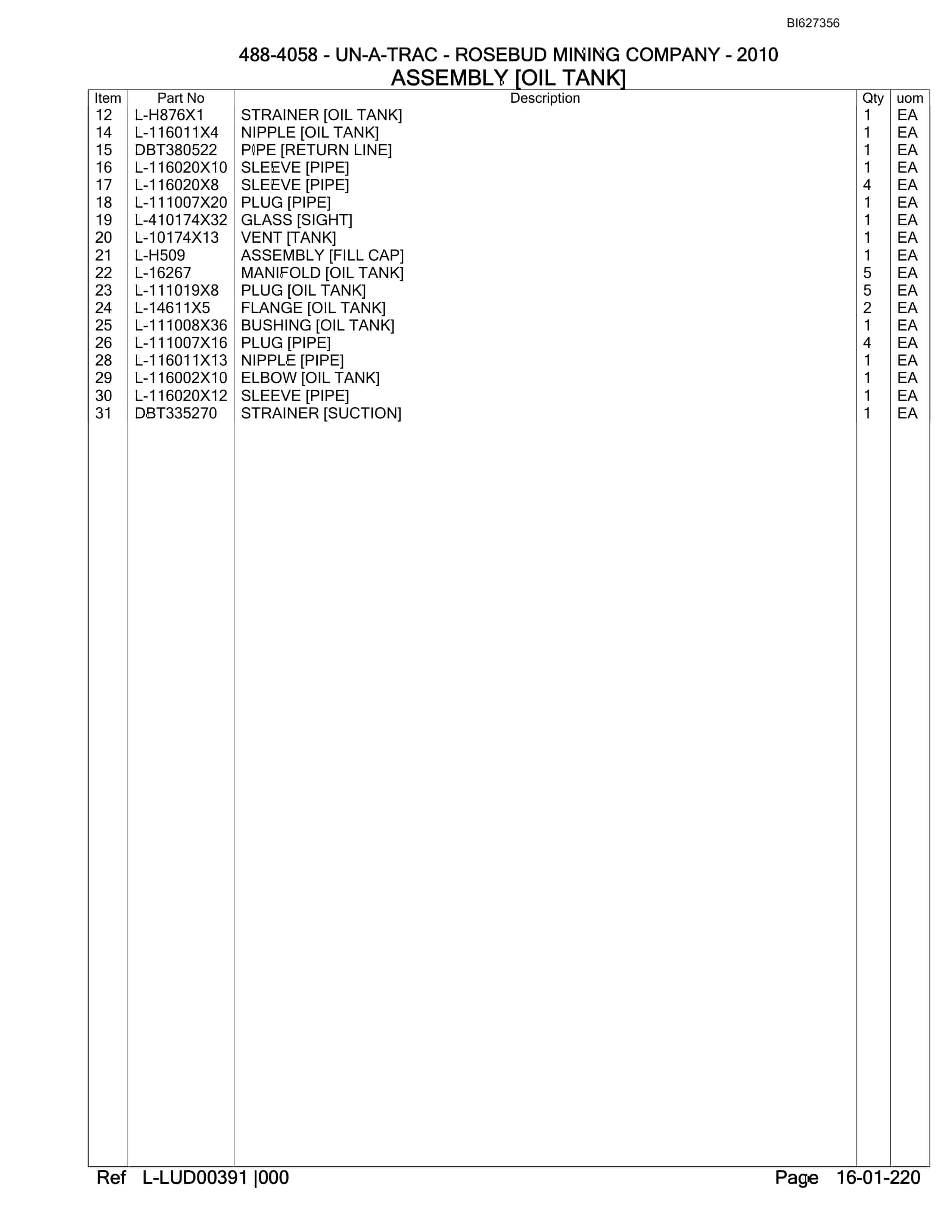 Bucyrus 488-4058 UN-A-TRAC Spare Parts List BI627356-5