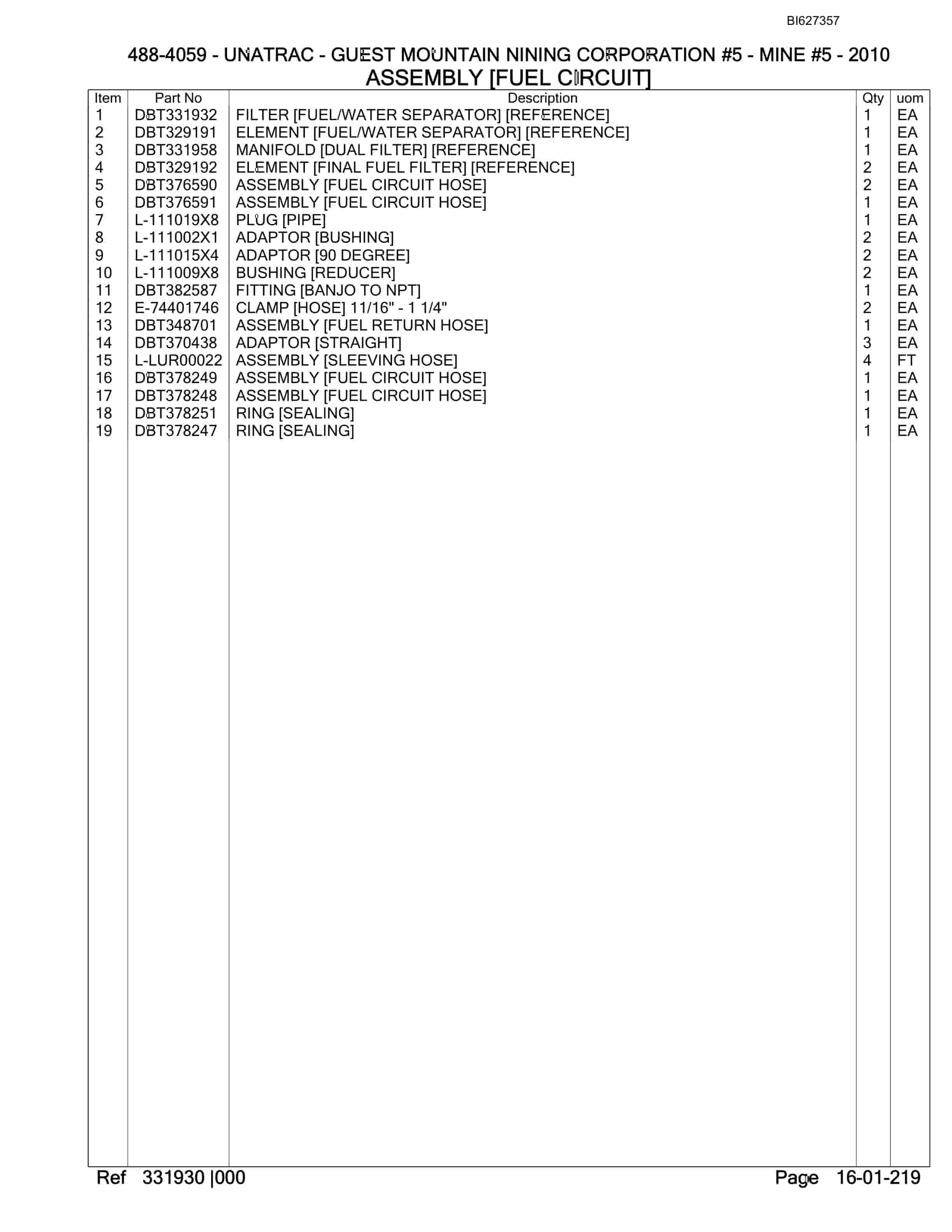 Bucyrus 488-4059 UN-A-TRAC Spare Parts List BI627357-5