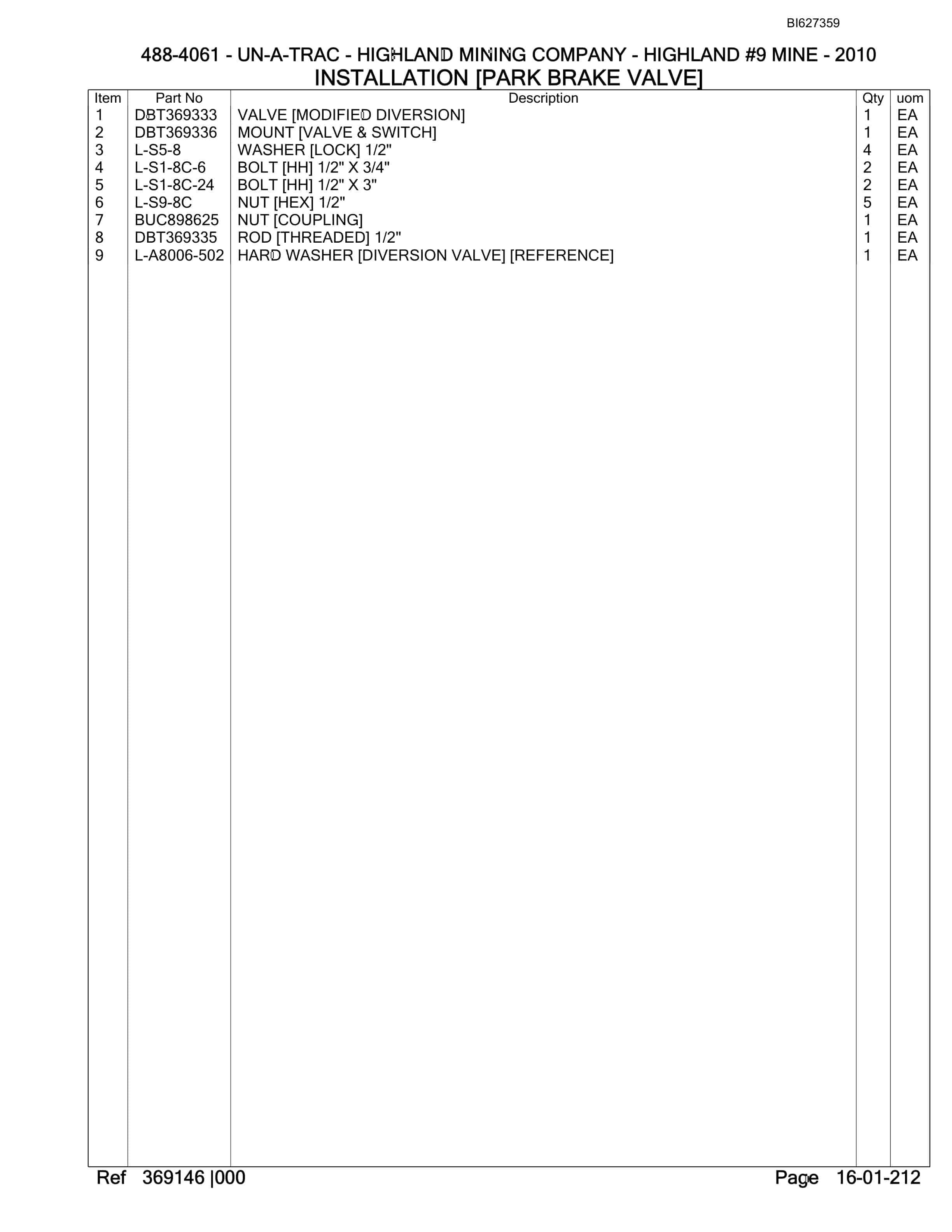 Bucyrus 488-4061 UN-A-TRAC Spare Parts List BI627359-4