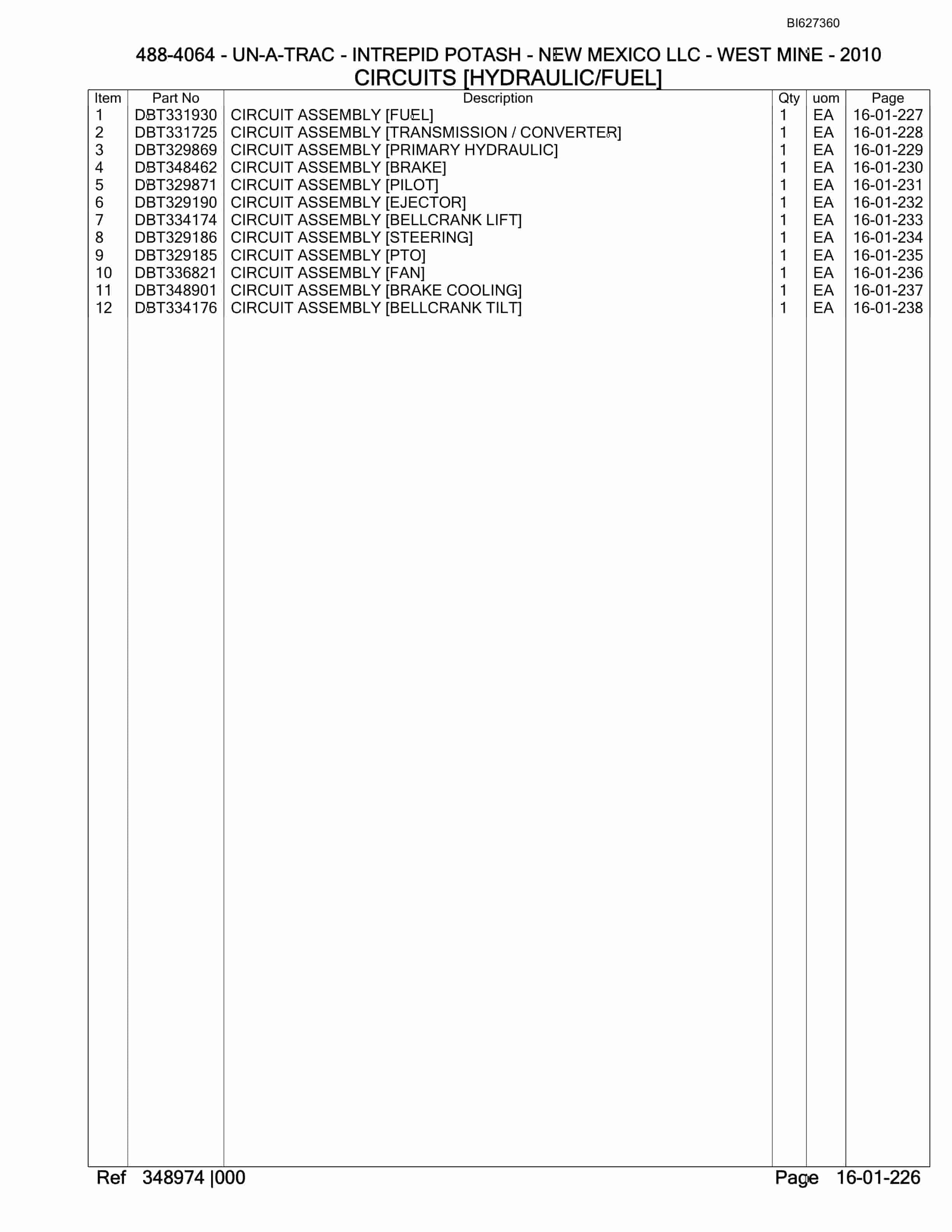 Bucyrus 488-4064 UN-A-TRAC Spare Parts List BI627360-5
