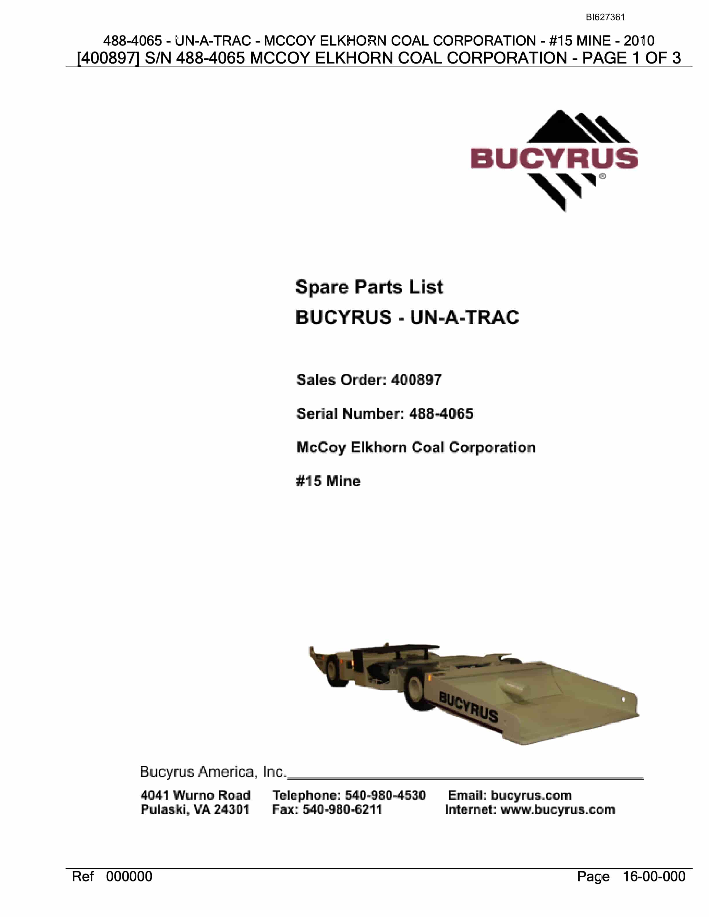 Bucyrus 488-4065 UN-A-TRAC Spare Parts List BI627361