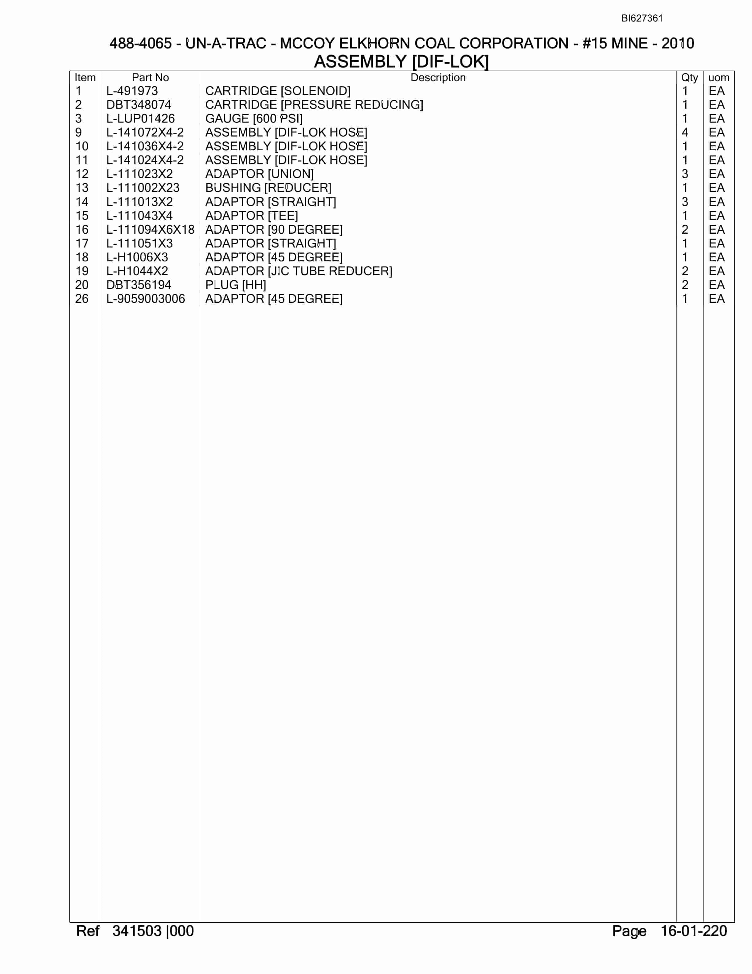 Bucyrus 488-4065 UN-A-TRAC Spare Parts List BI627361-5