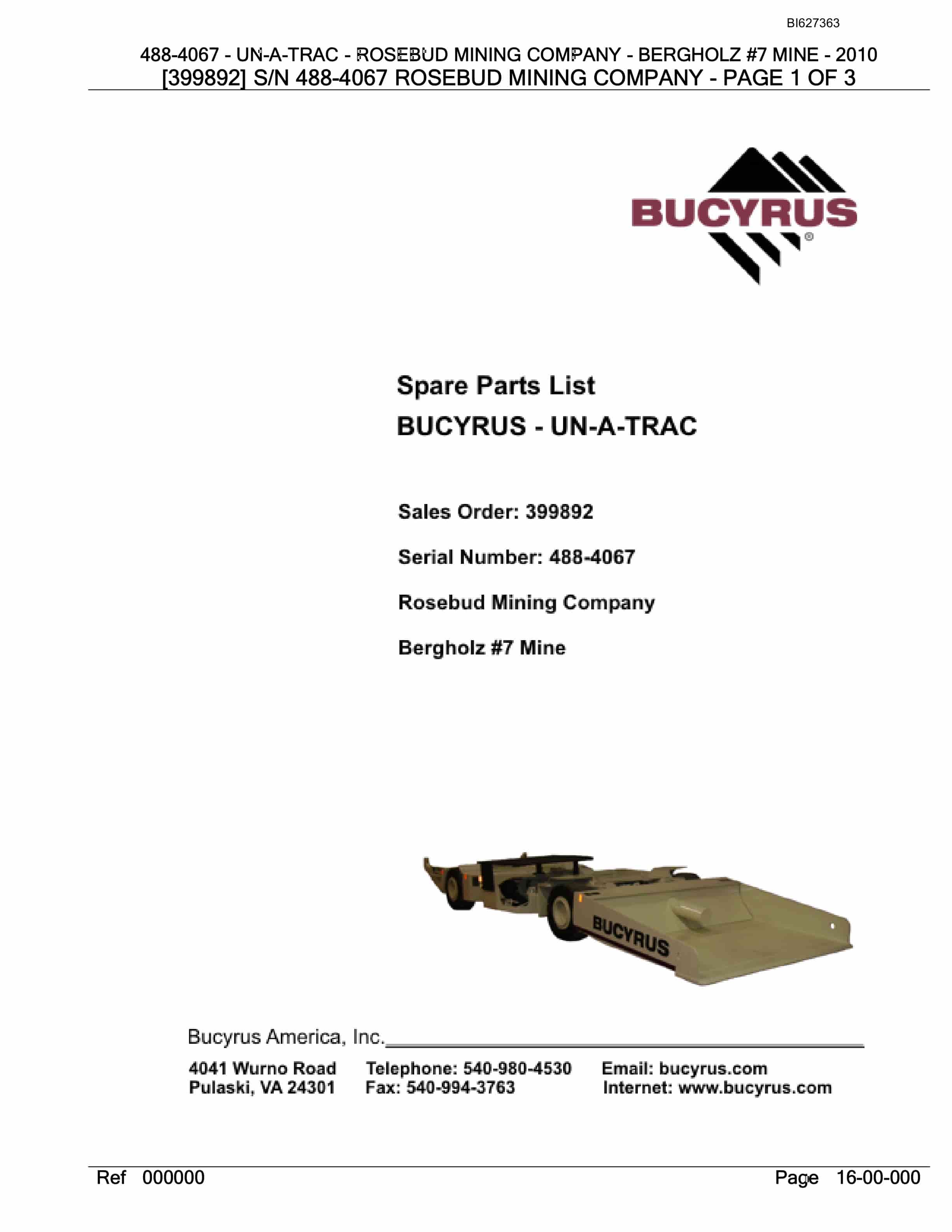 Bucyrus 488-4067 UN-A-TRAC Spare Parts List BI627363