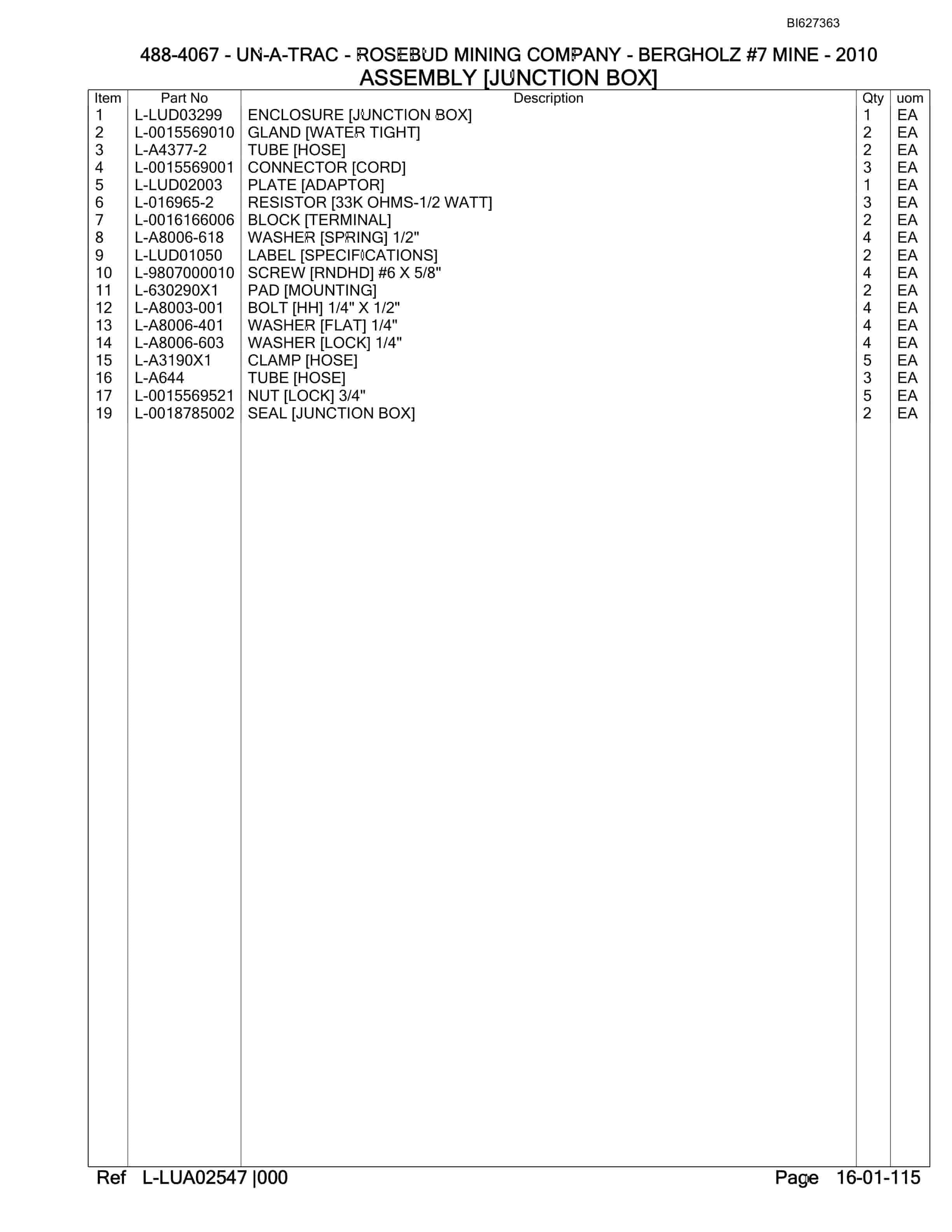 Bucyrus 488-4067 UN-A-TRAC Spare Parts List BI627363-2