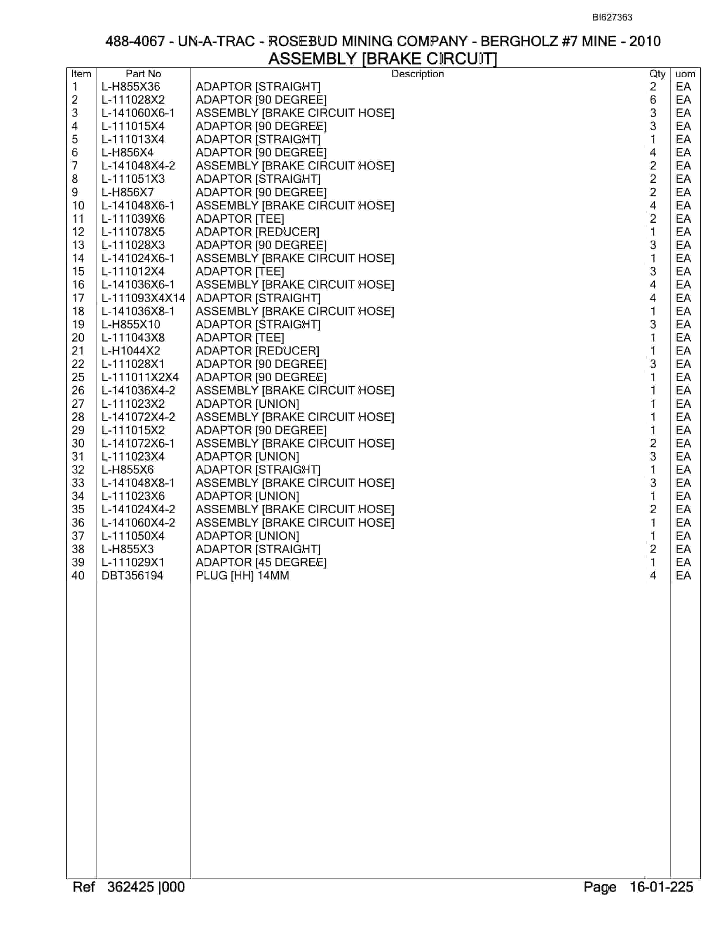 Bucyrus 488-4067 UN-A-TRAC Spare Parts List BI627363-5