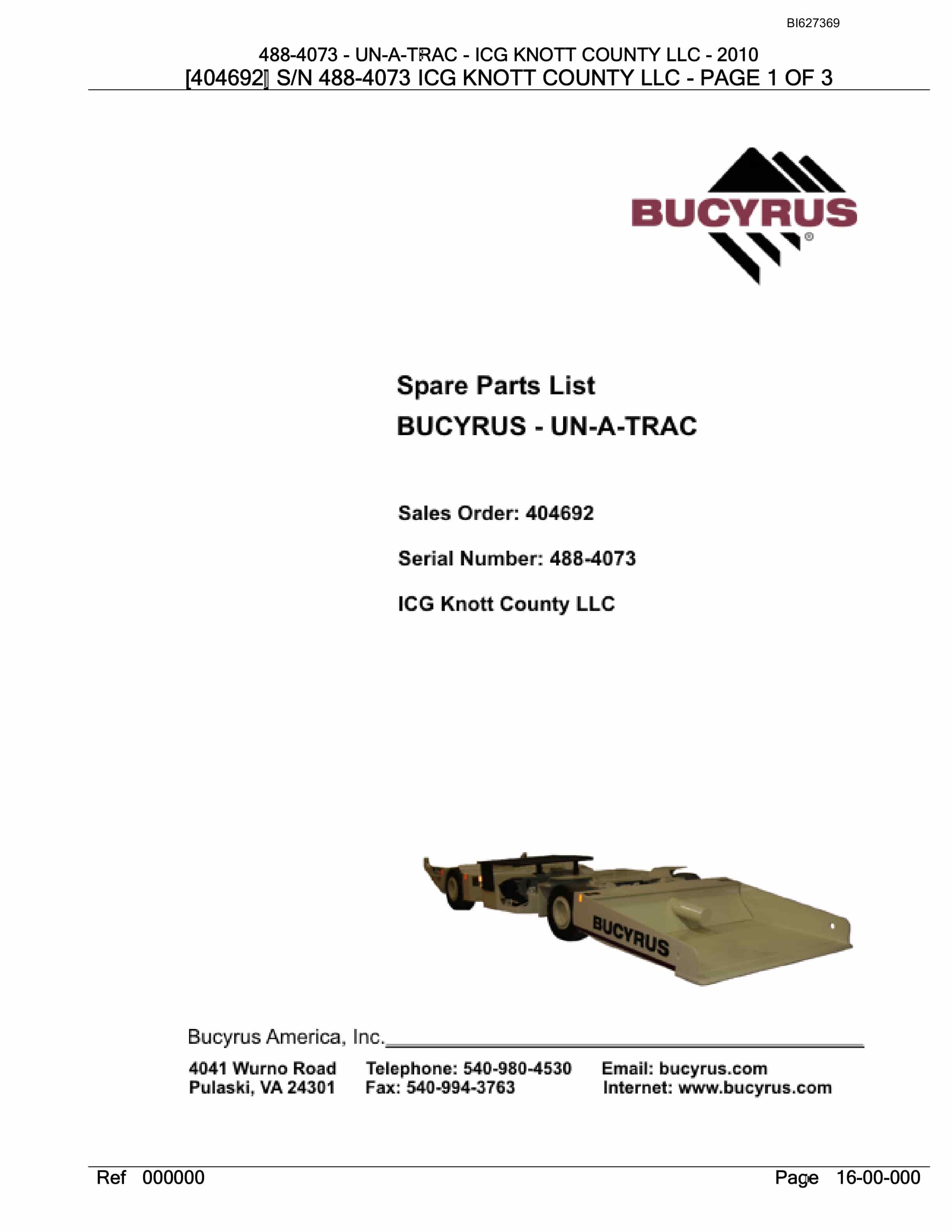 Bucyrus 488-4073 UN-A-TRAC Spare Parts List BI627369
