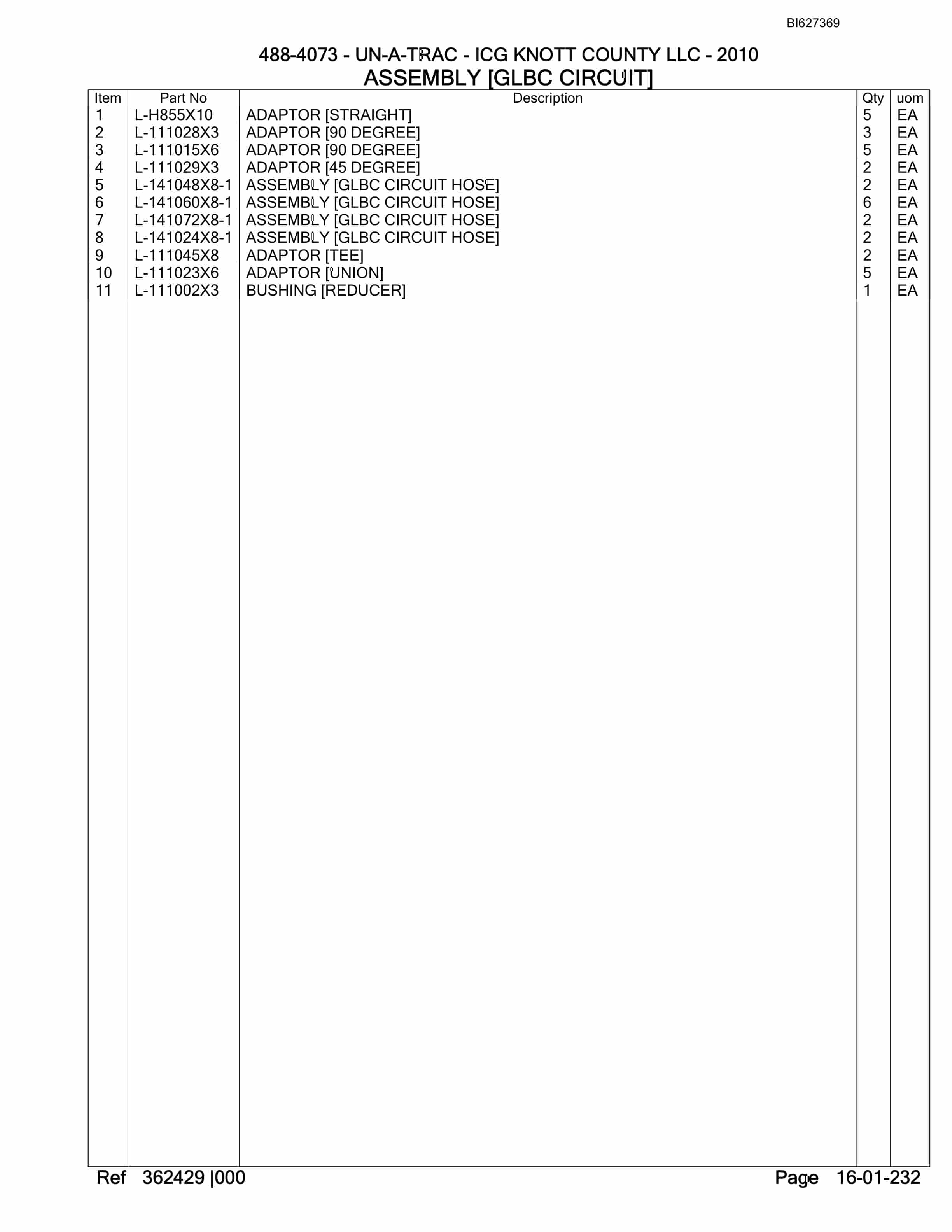 Bucyrus 488-4073 UN-A-TRAC Spare Parts List BI627369-4