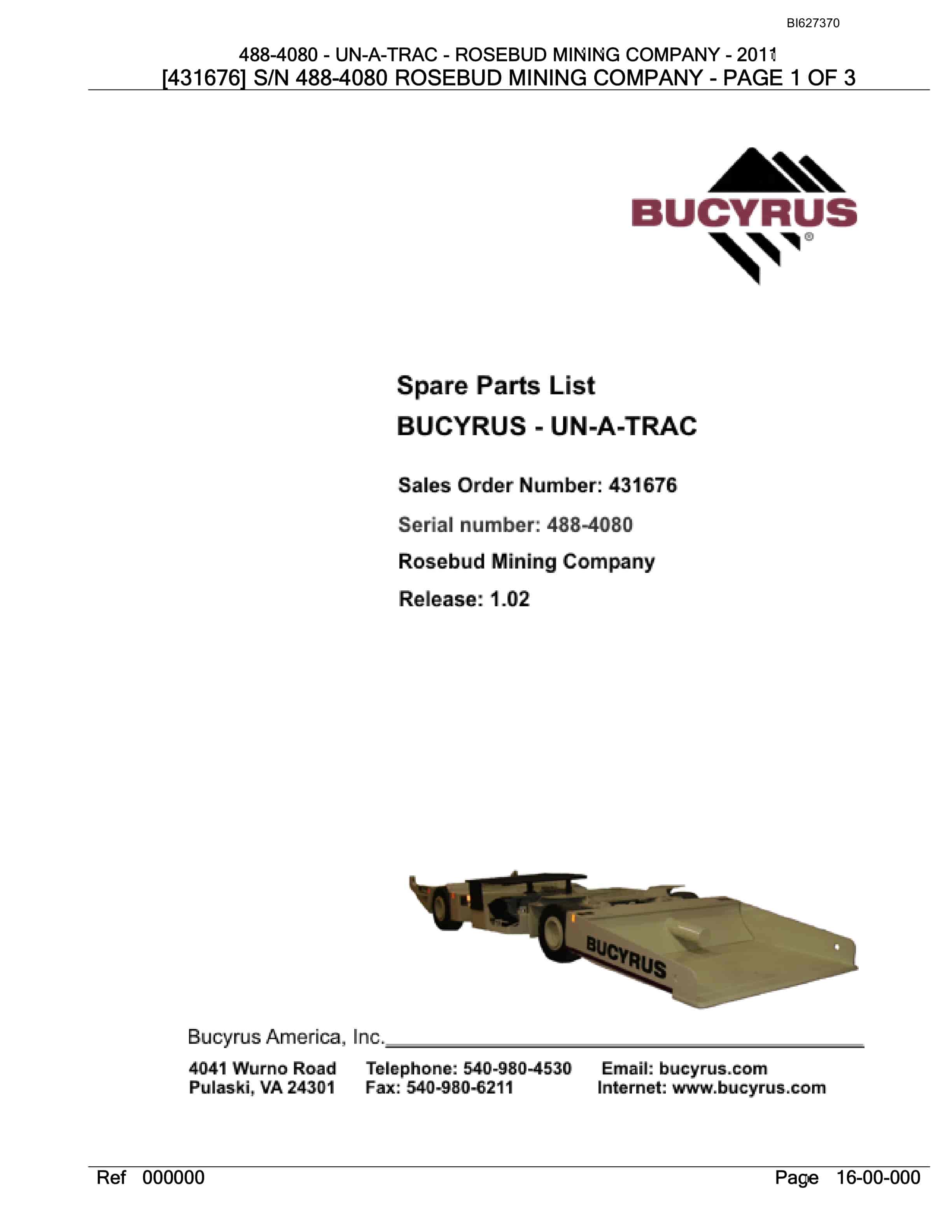 Bucyrus 488-4080 UN-A-TRAC Spare Parts List BI627370