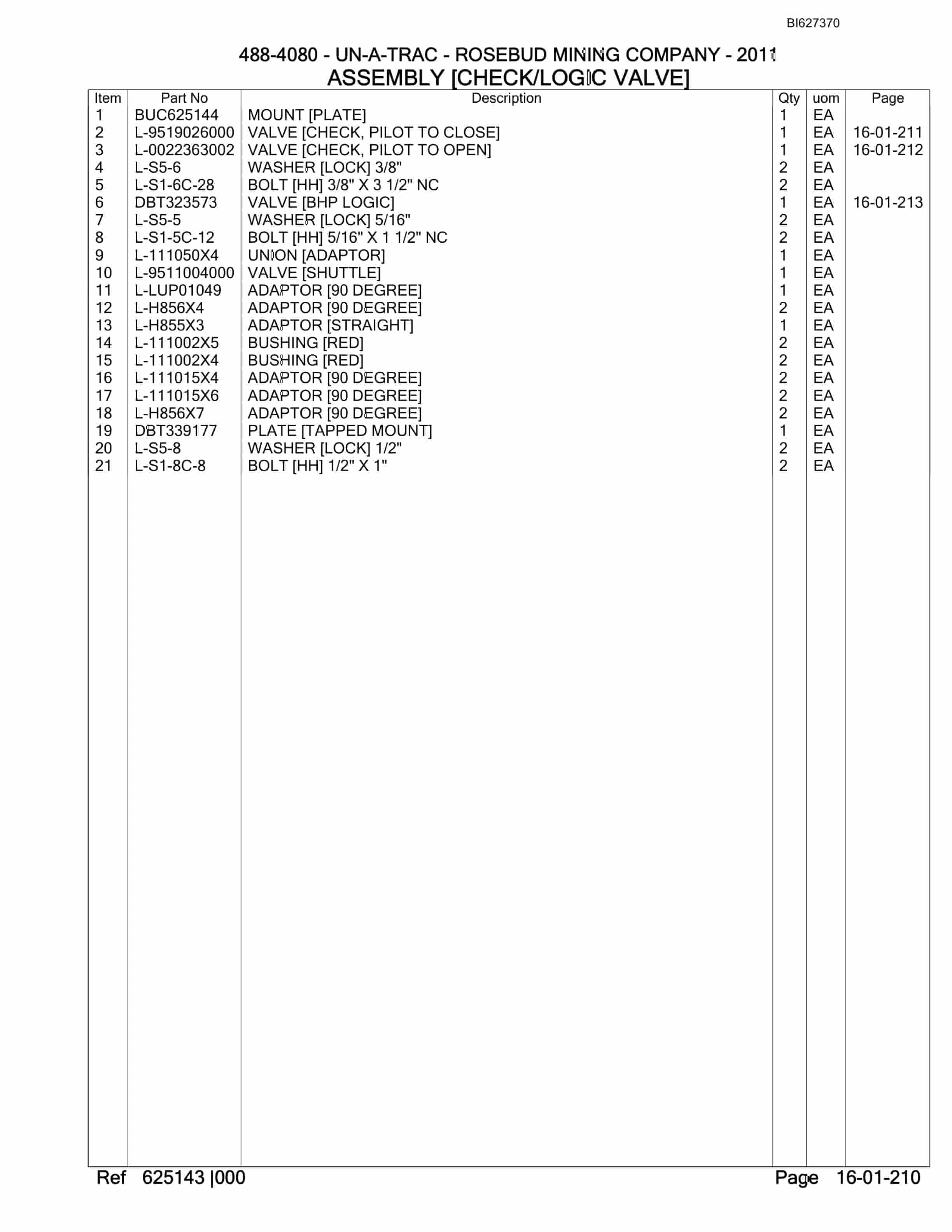Bucyrus 488-4080 UN-A-TRAC Spare Parts List BI627370-4