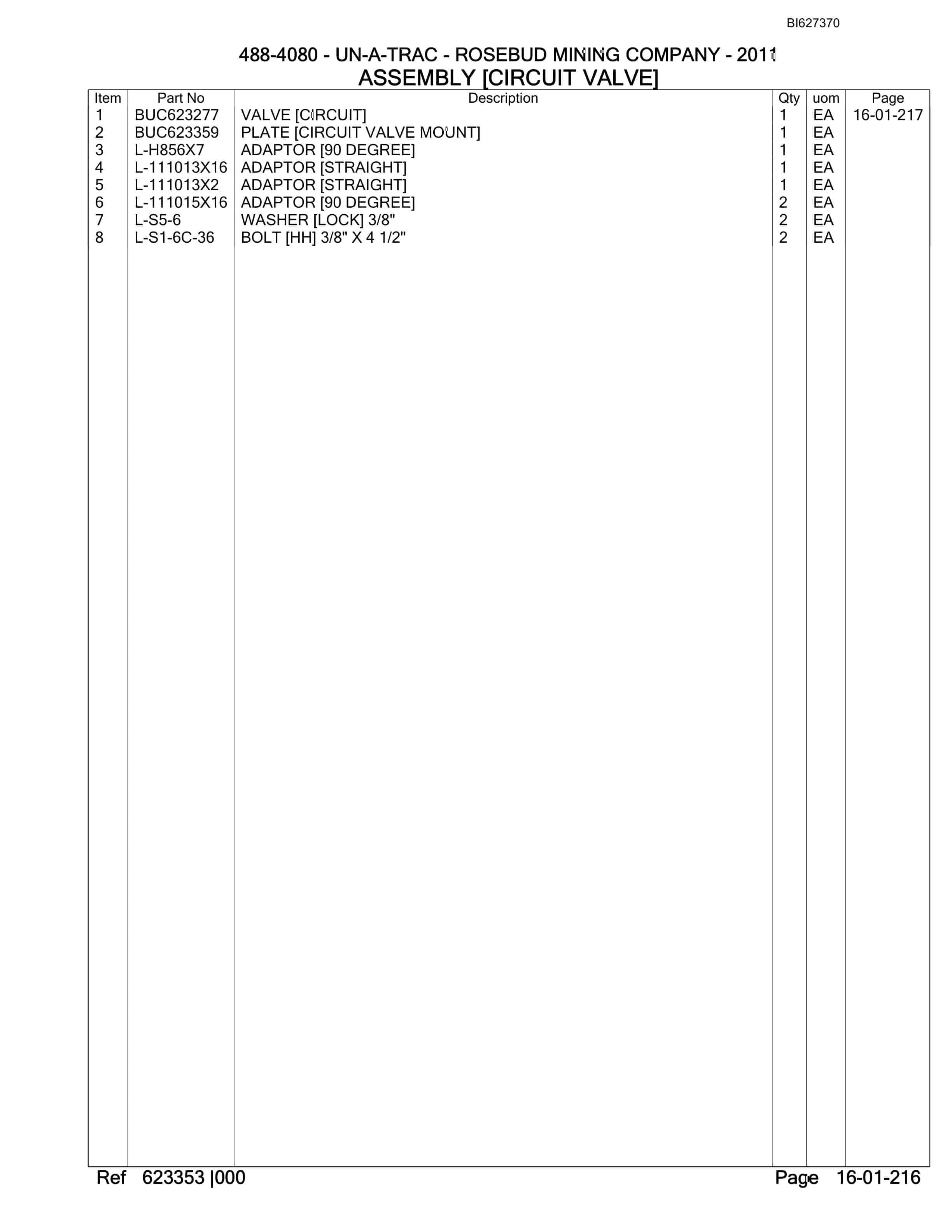 Bucyrus 488-4080 UN-A-TRAC Spare Parts List BI627370-5