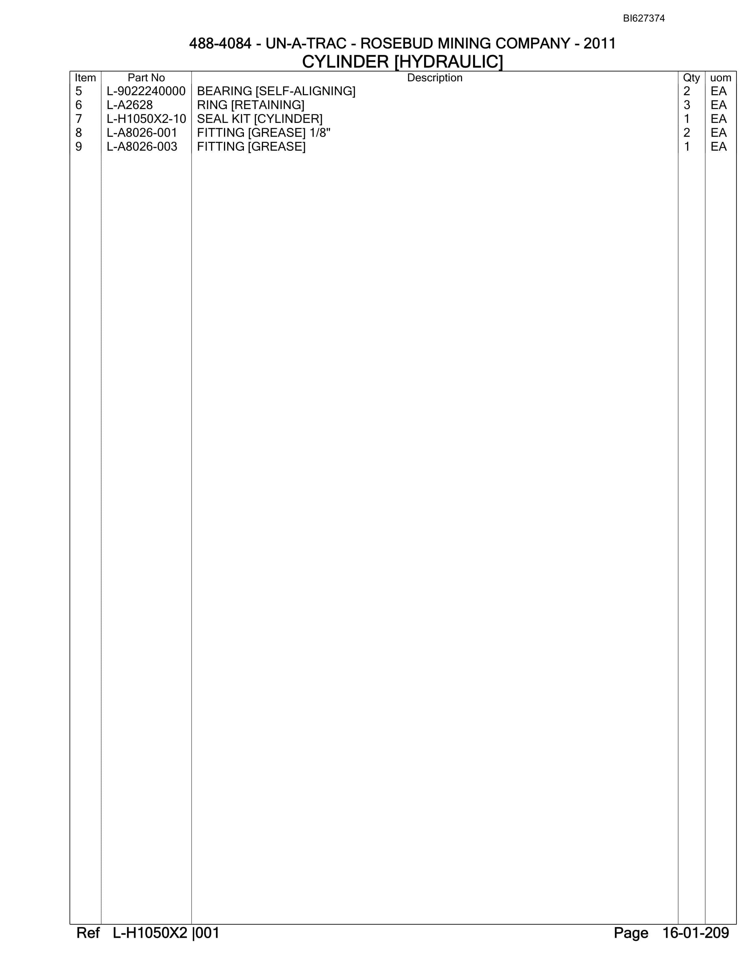 Bucyrus 488-4084 UN-A-TRAC Spare Parts List BI627374-4