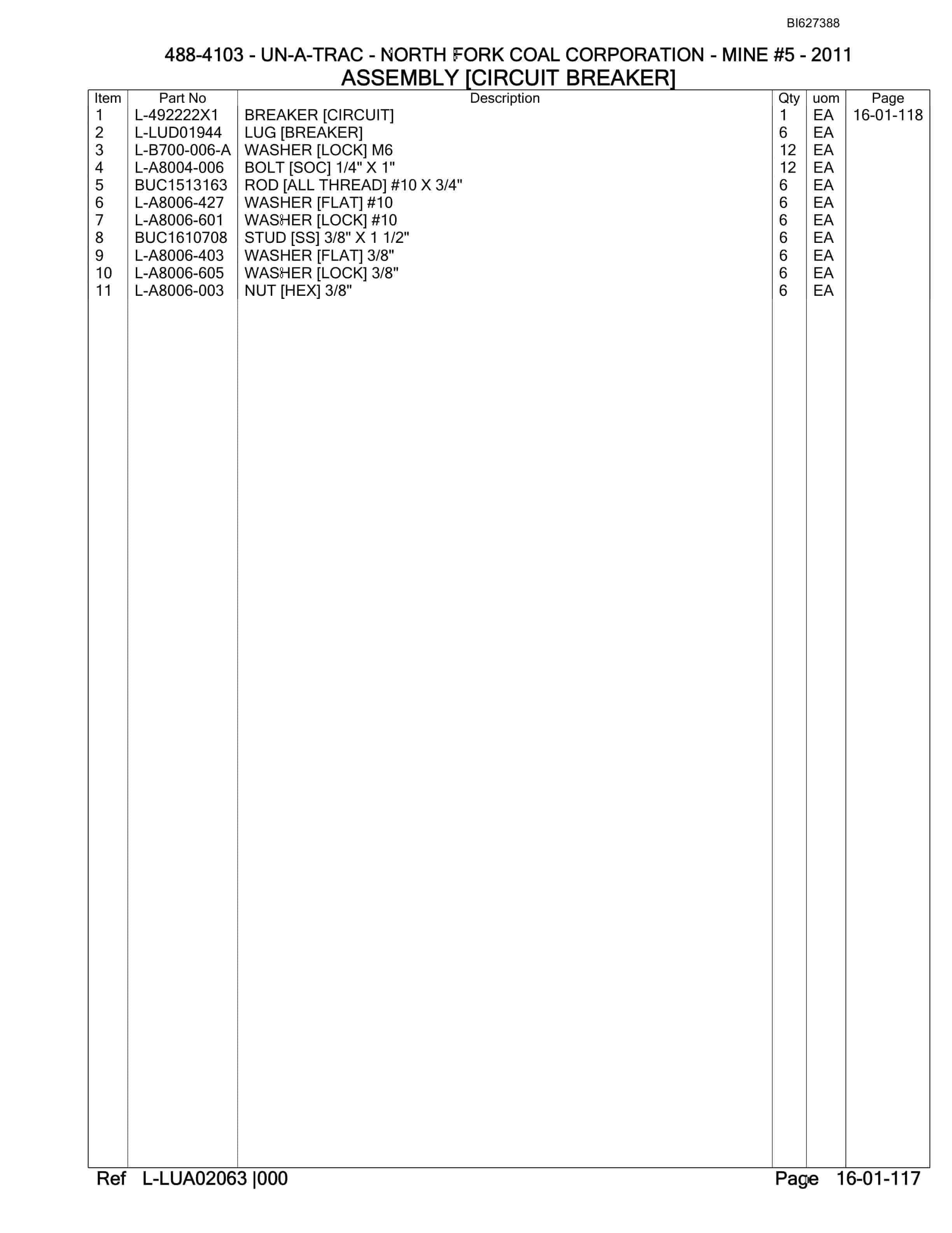 Bucyrus 488-4103 UN-A-TRAC Spare Parts List BI627388-2
