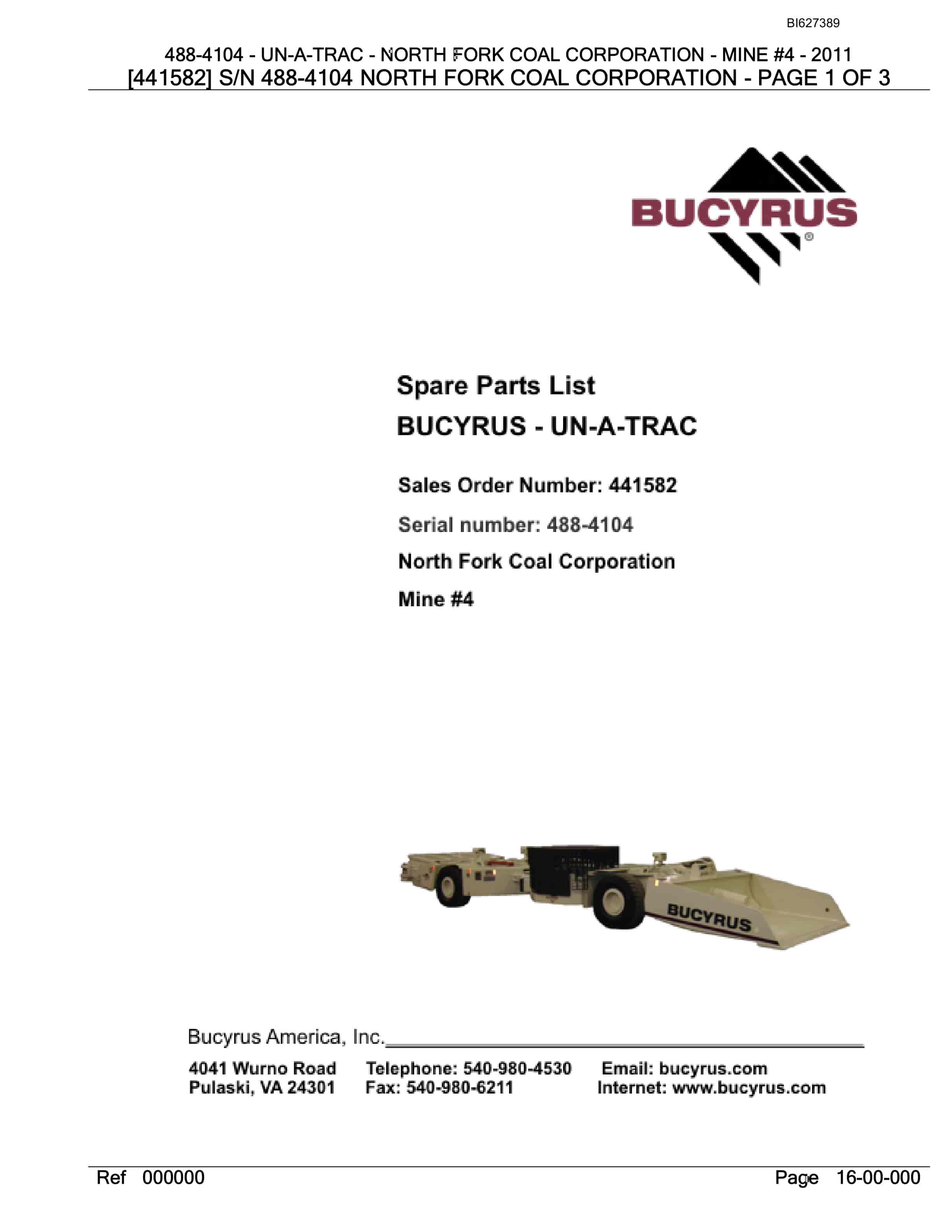 Bucyrus 488-4104 UN-A-TRAC Spare Parts List BI627389