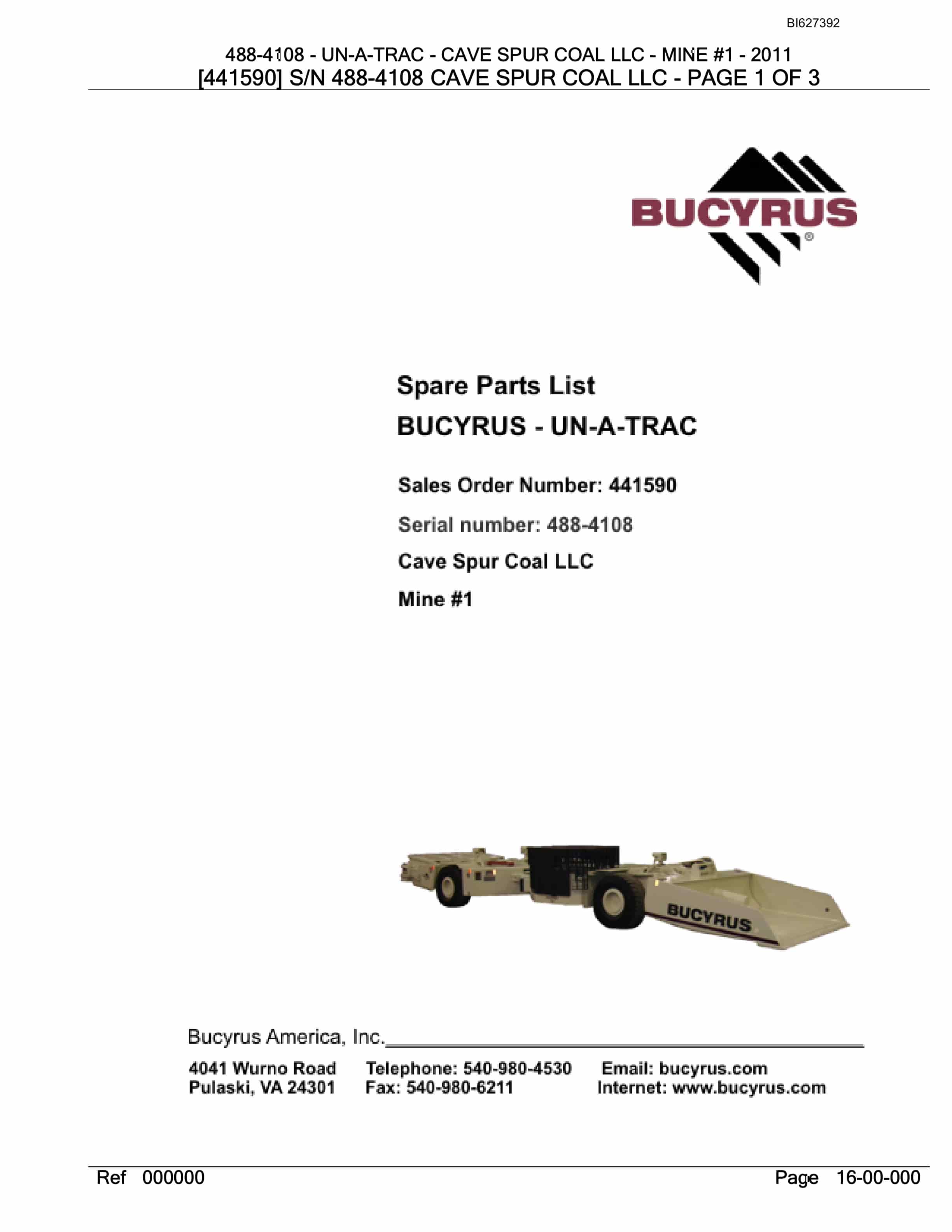 Bucyrus 488-4108 UN-A-TRAC Spare Parts List BI627392