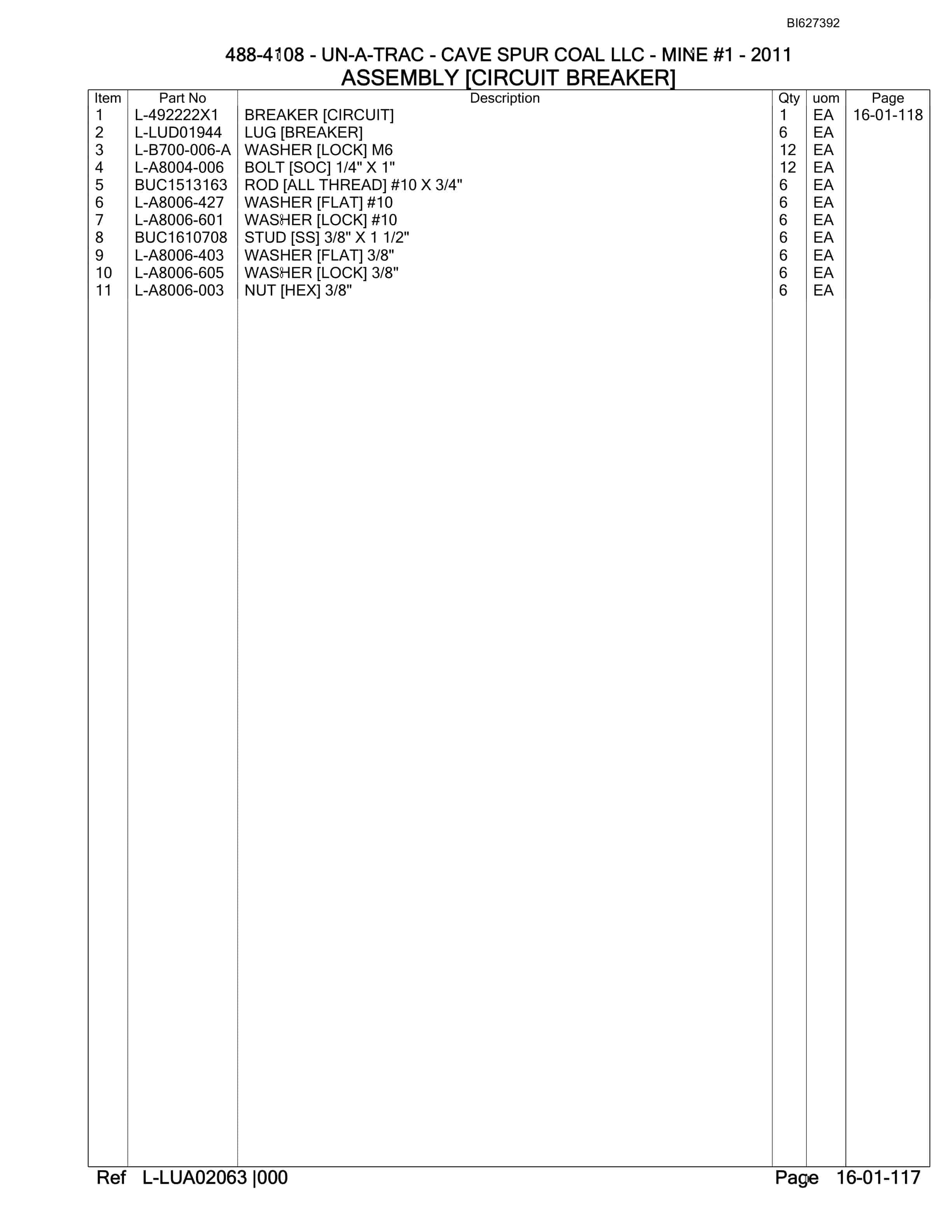 Bucyrus 488-4108 UN-A-TRAC Spare Parts List BI627392-2