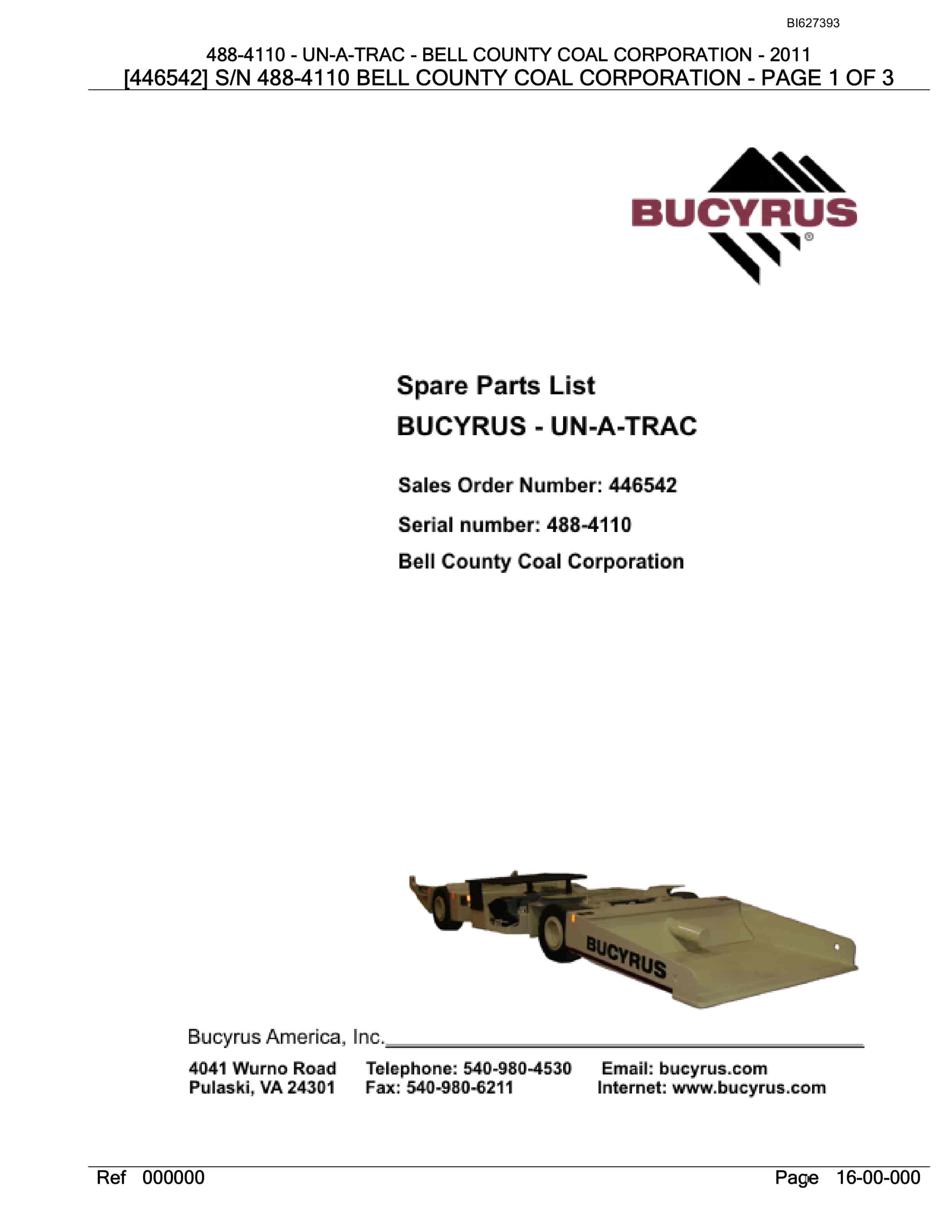 Bucyrus 488-4110 UN-A-TRAC Spare Parts List BI627393