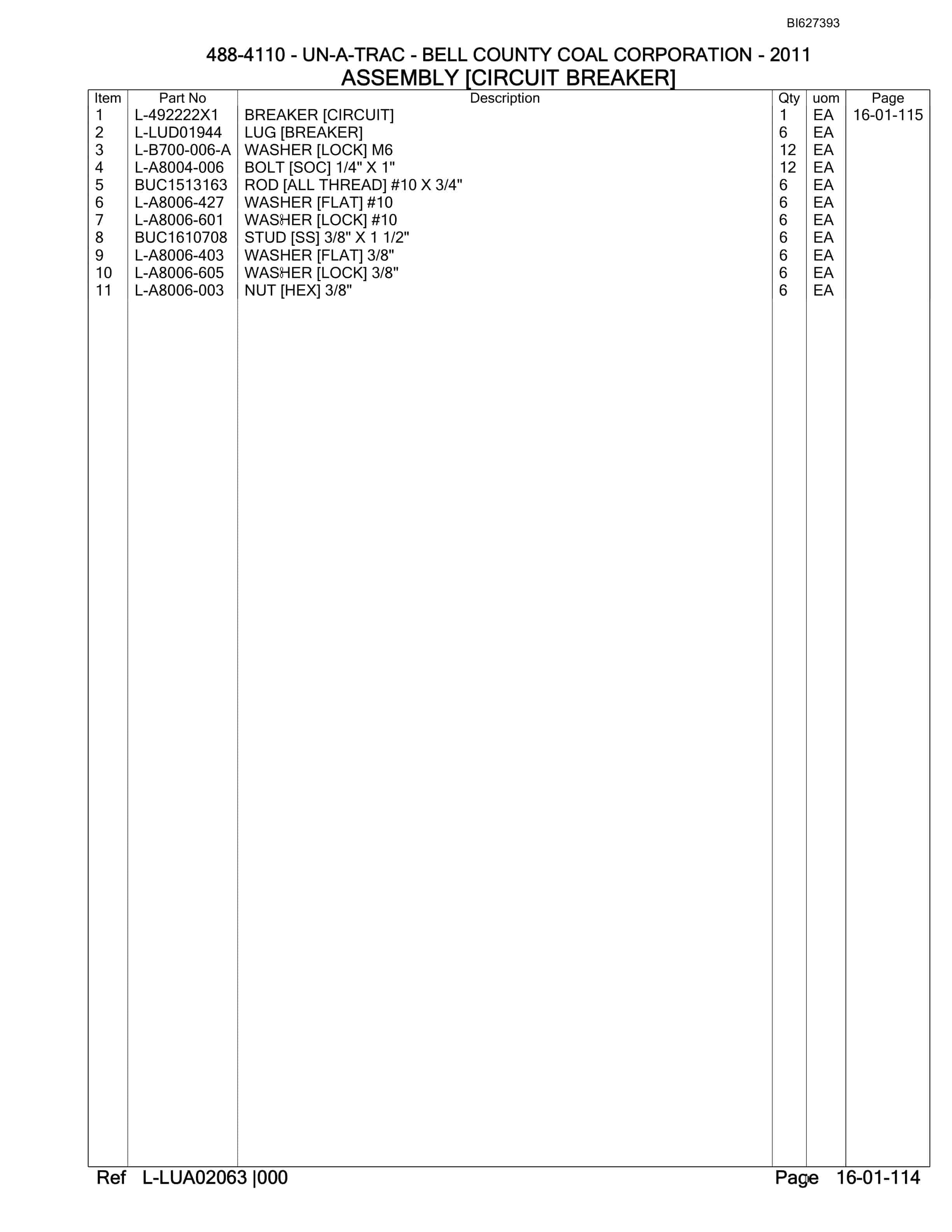 Bucyrus 488-4110 UN-A-TRAC Spare Parts List BI627393-2