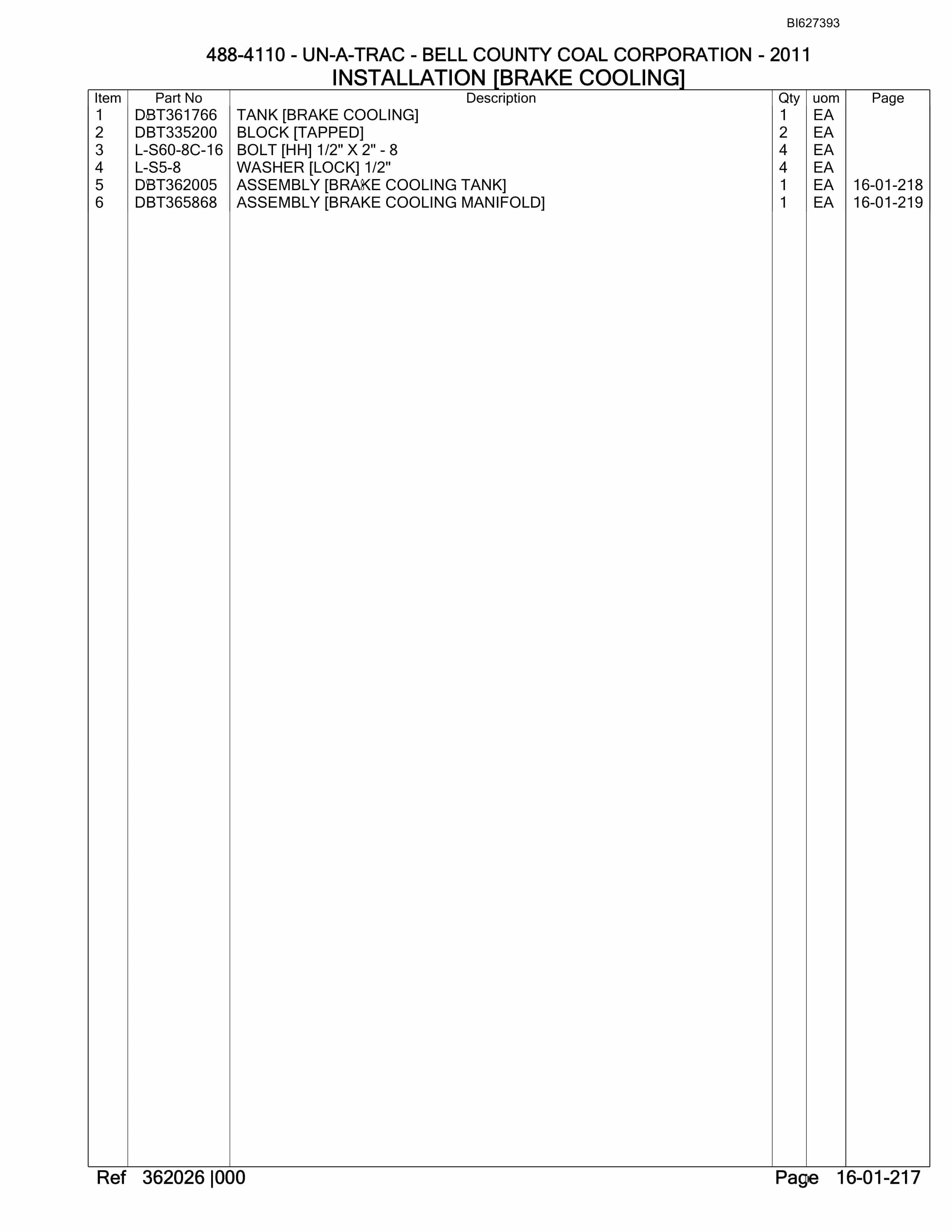 Bucyrus 488-4110 UN-A-TRAC Spare Parts List BI627393-4