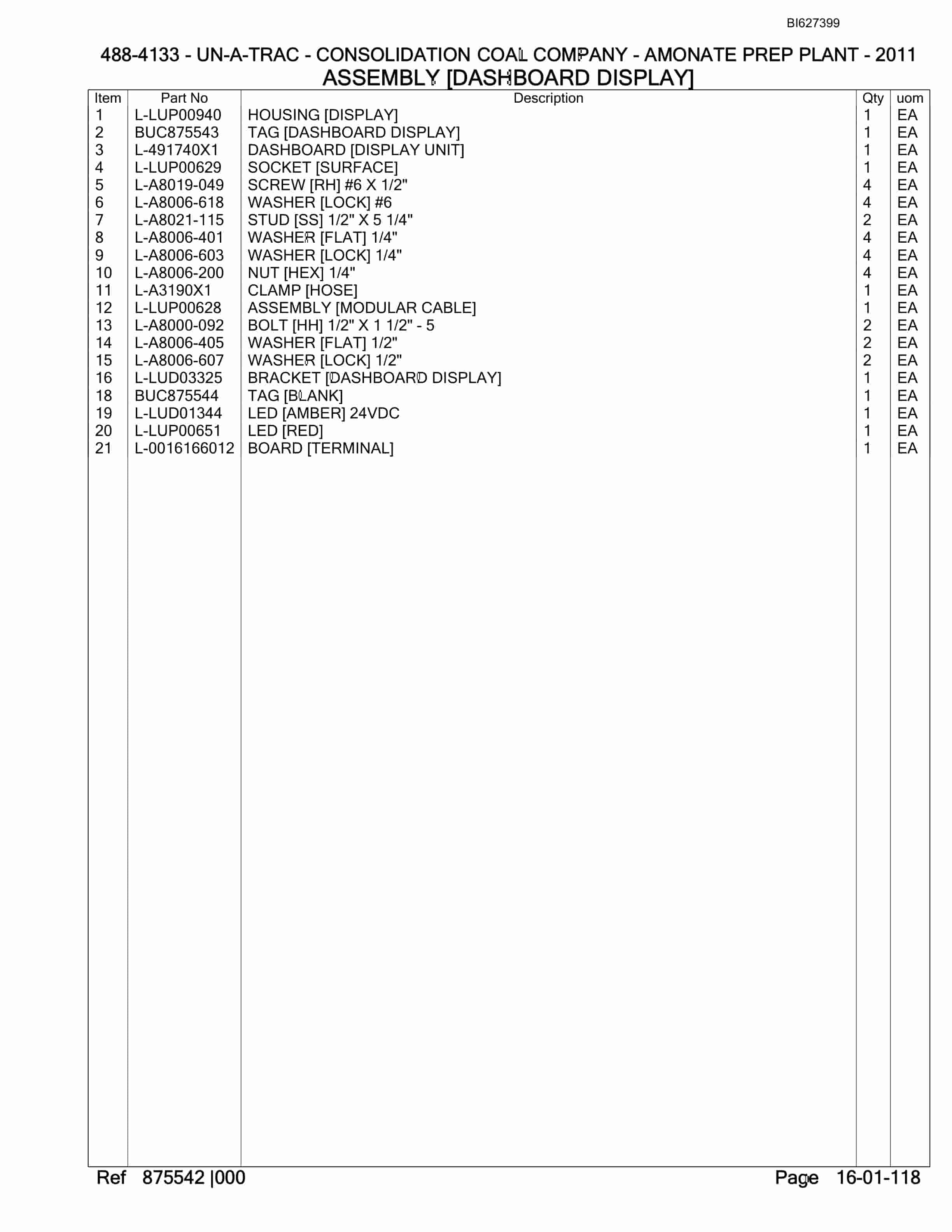 Bucyrus 488-4133 UN-A-TRAC Spare Parts List BI627399-2