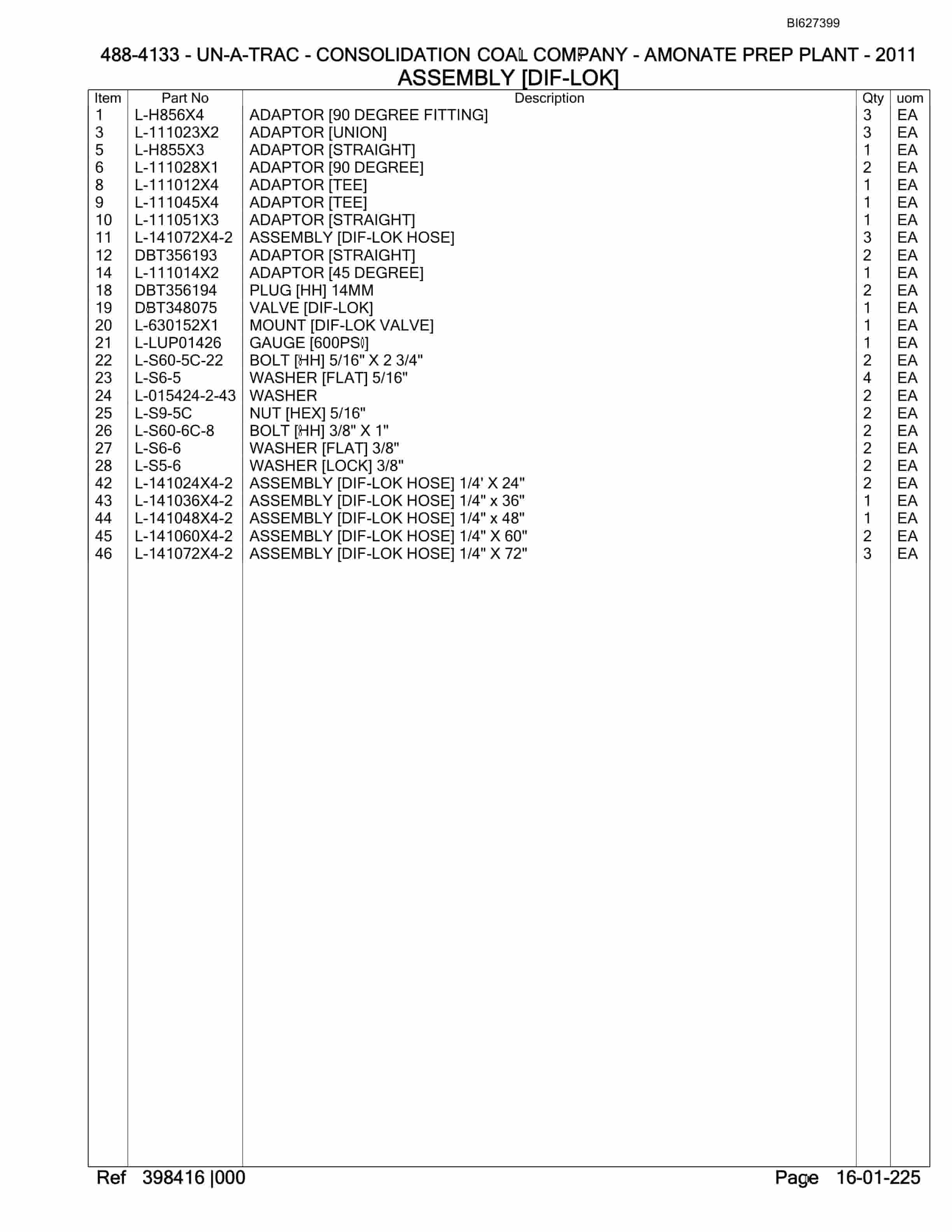 Bucyrus 488-4133 UN-A-TRAC Spare Parts List BI627399-4