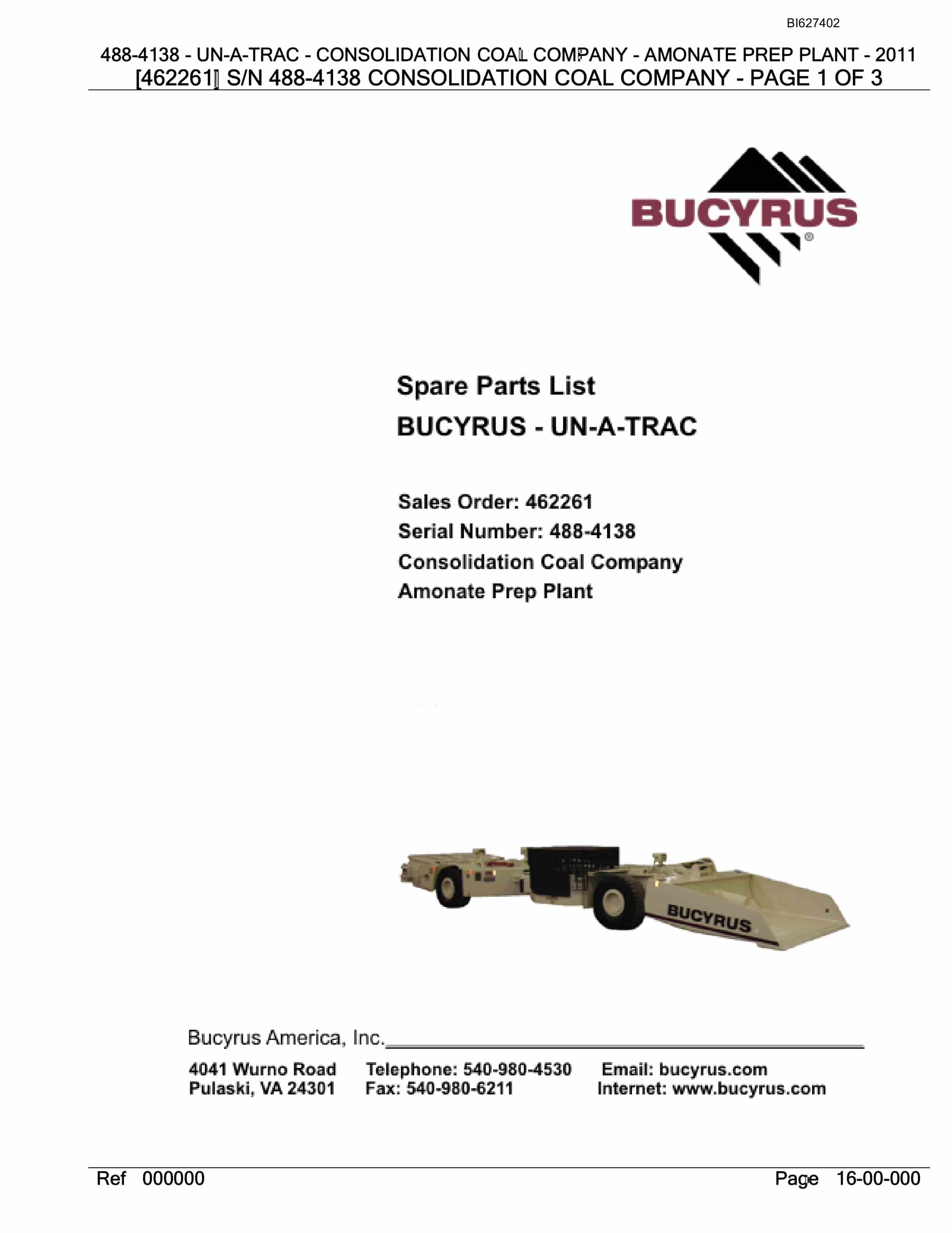 Bucyrus 488-4138 UN-A-TRAC Spare Parts List BI627402