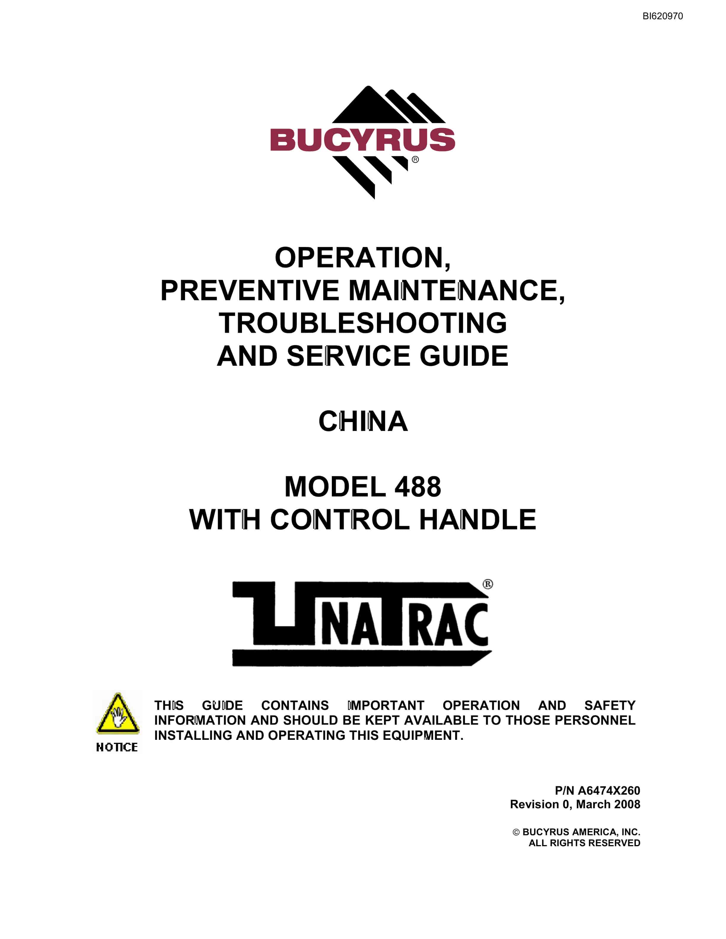 Bucyrus 488 With Control HAndle Operation Manual BI620970
