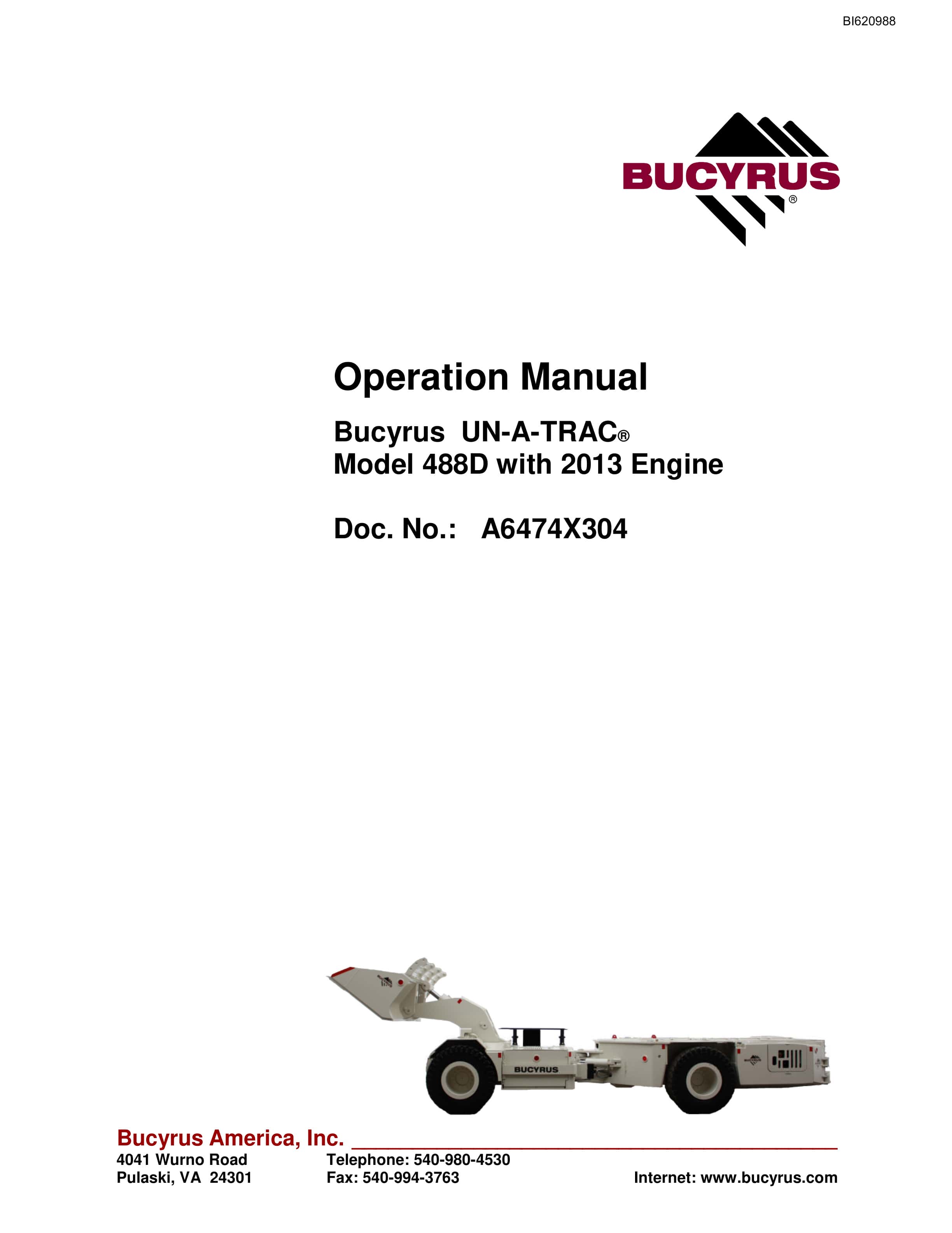 Bucyrus 488D With 2013 Engine UN-A-TRAC Operation Manual BI620988