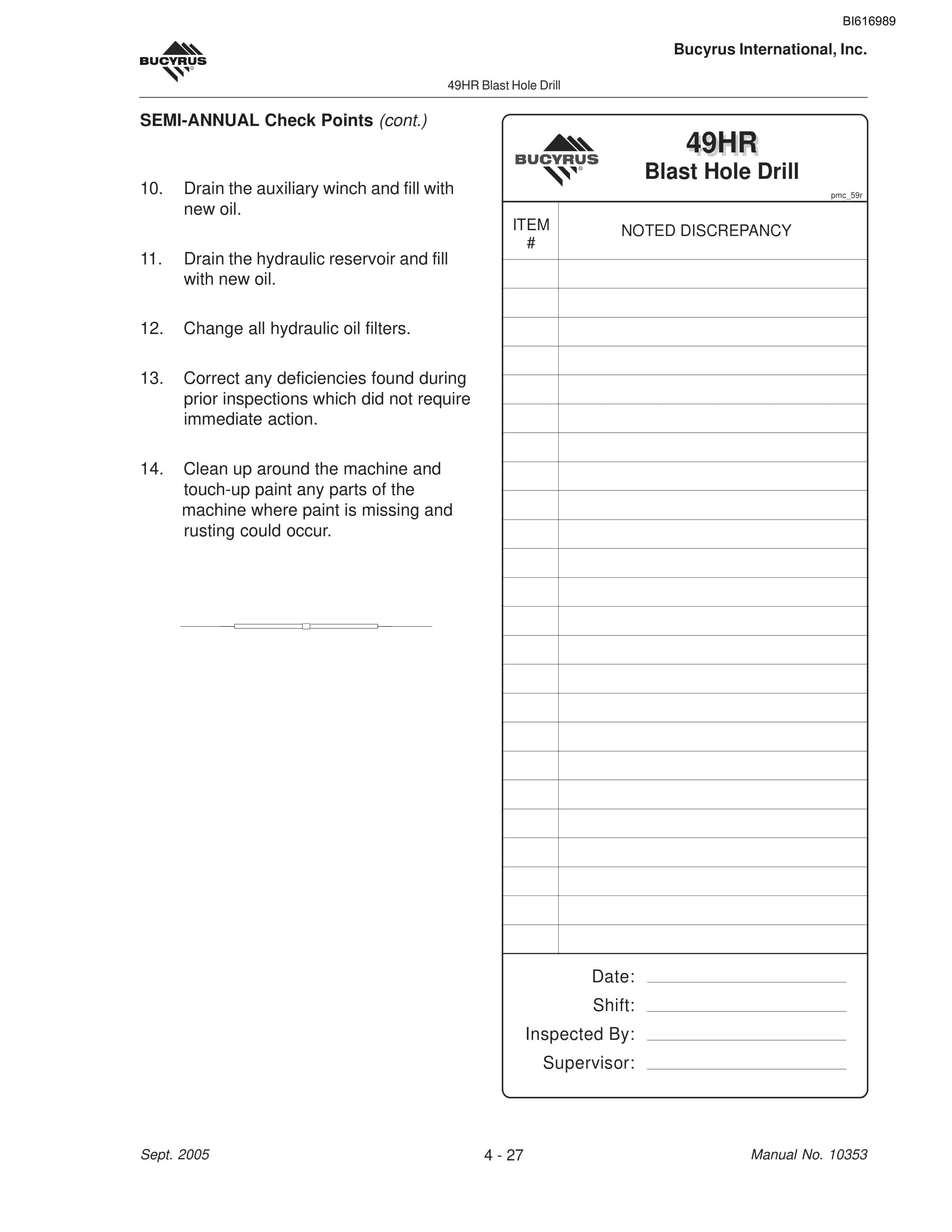 Bucyrus 49HR Blast Hole Drill Maintenance And Operation Manual BI616989-2