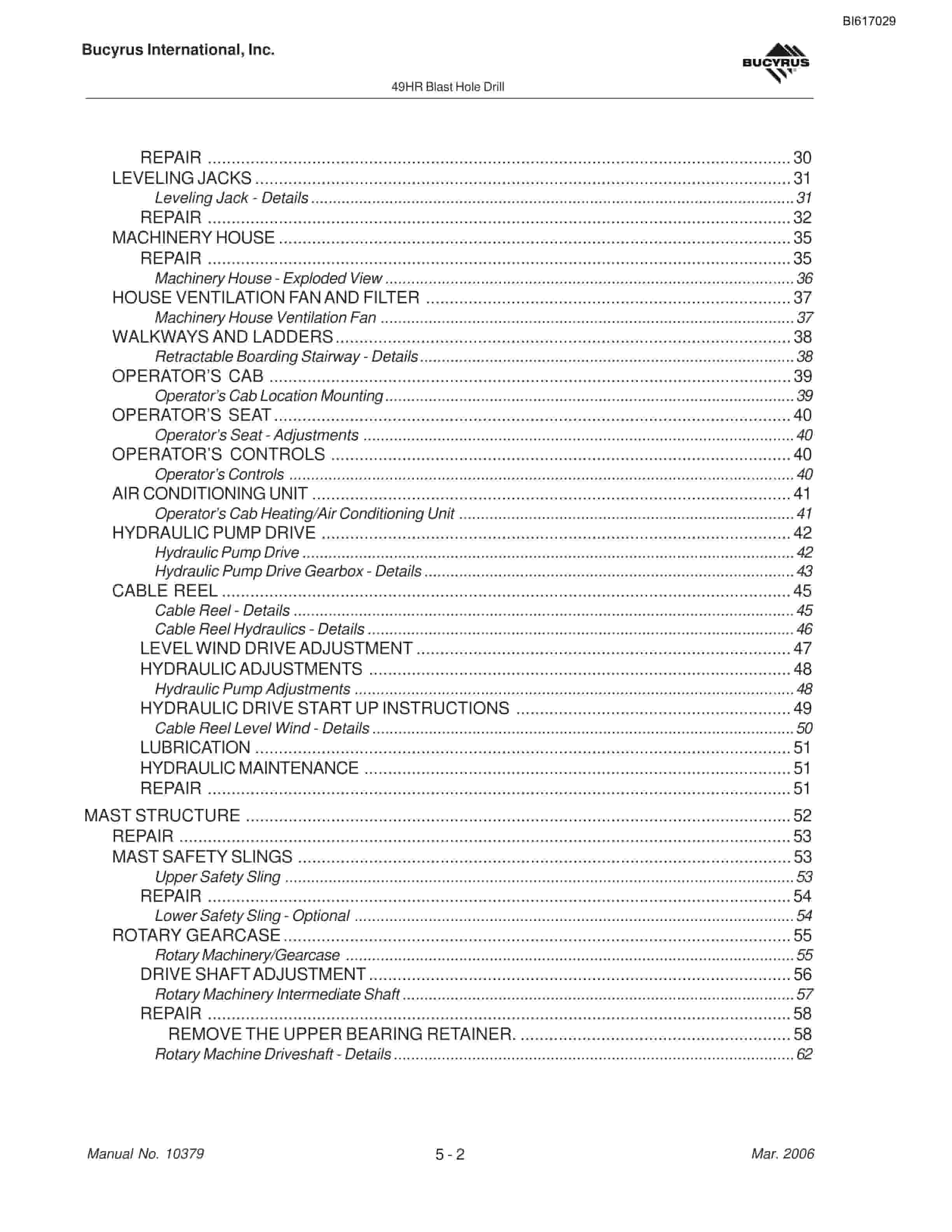 Bucyrus 49HR Blast Hole Drill Maintenance And Operation Manual BI617029-2